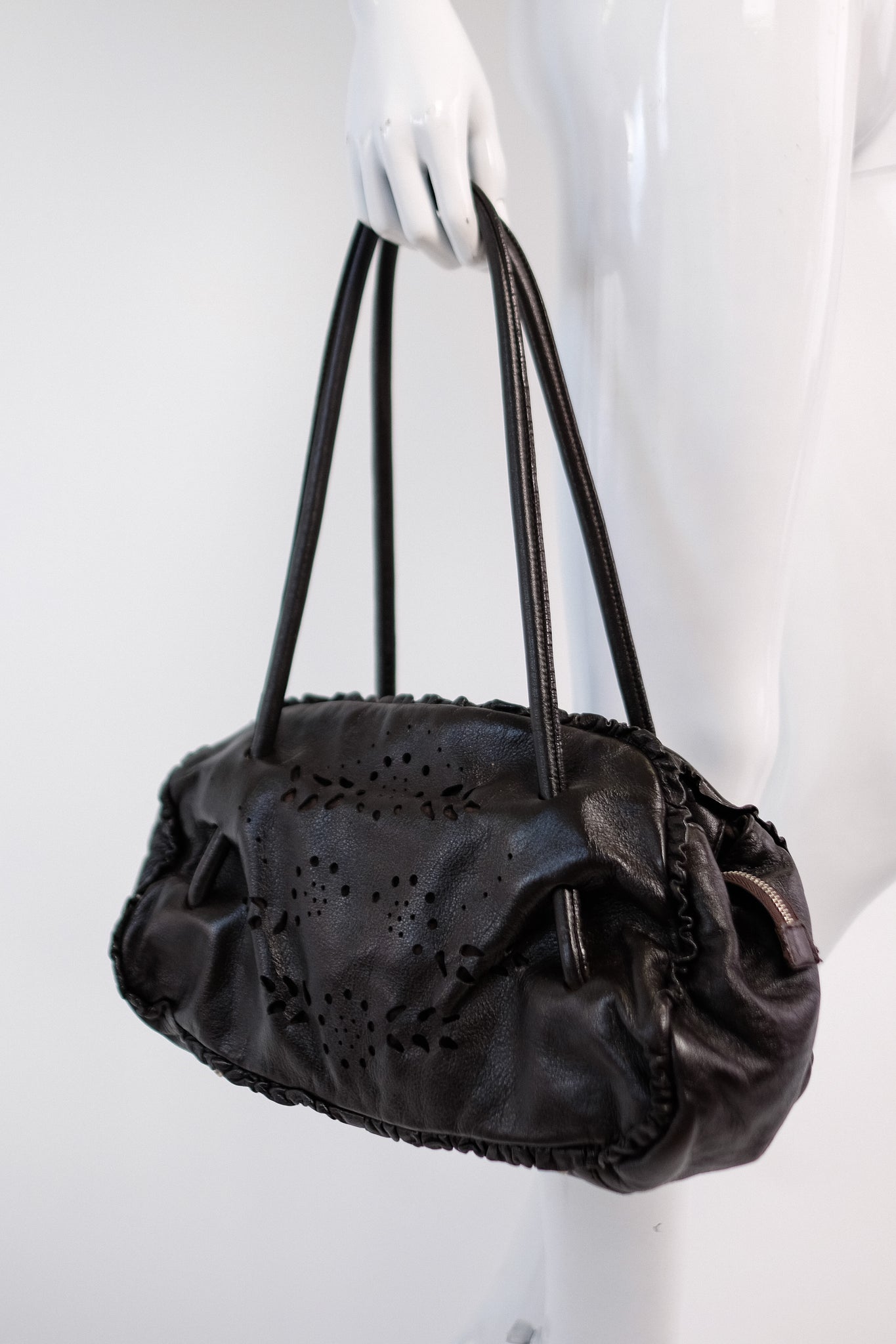 FURLA PERFORATED LEATHER BAG IN DARK CHOCOLATE BROWN