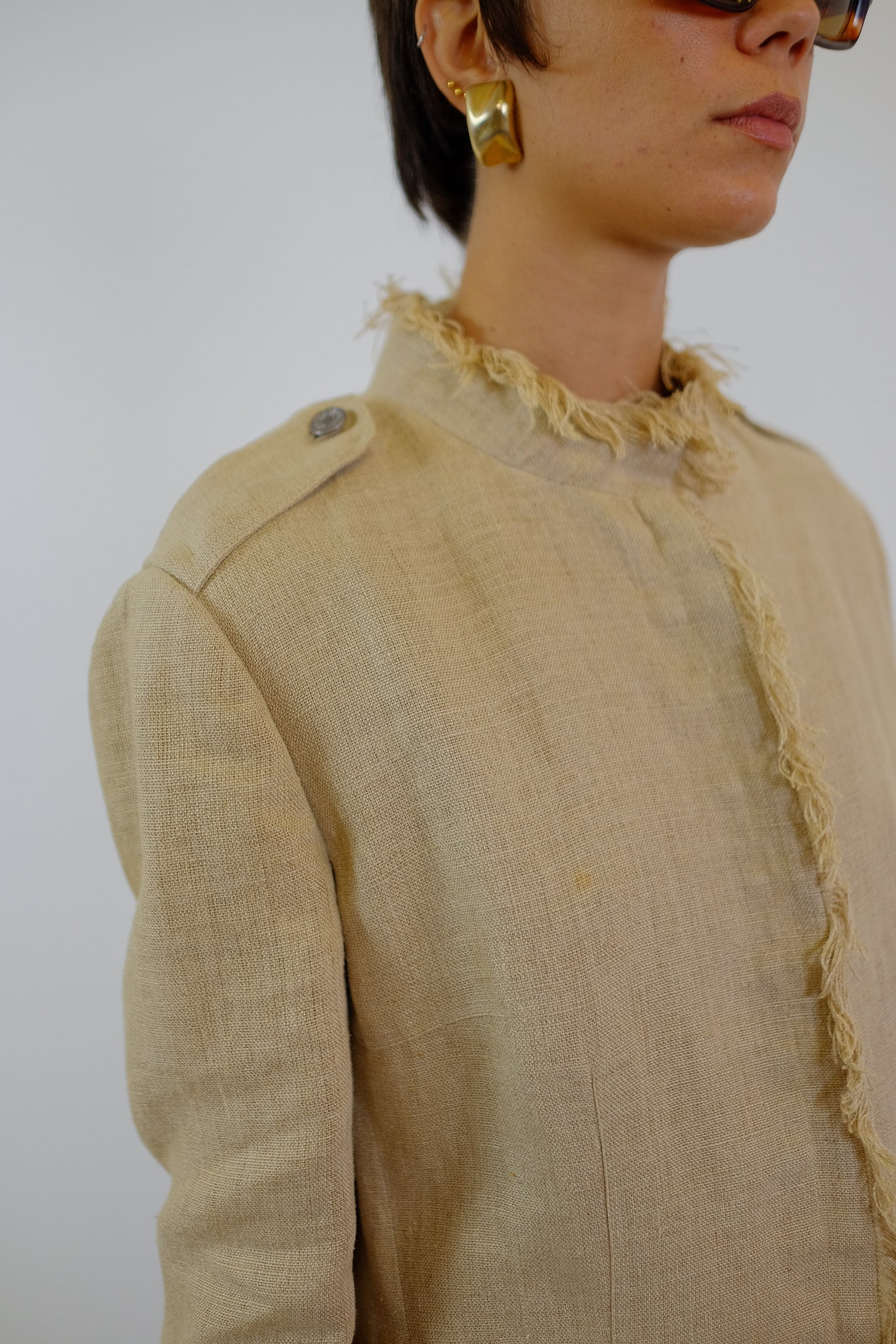 DOLCE AND GABBANA LINEN FRAY JACKET IN BEIGE