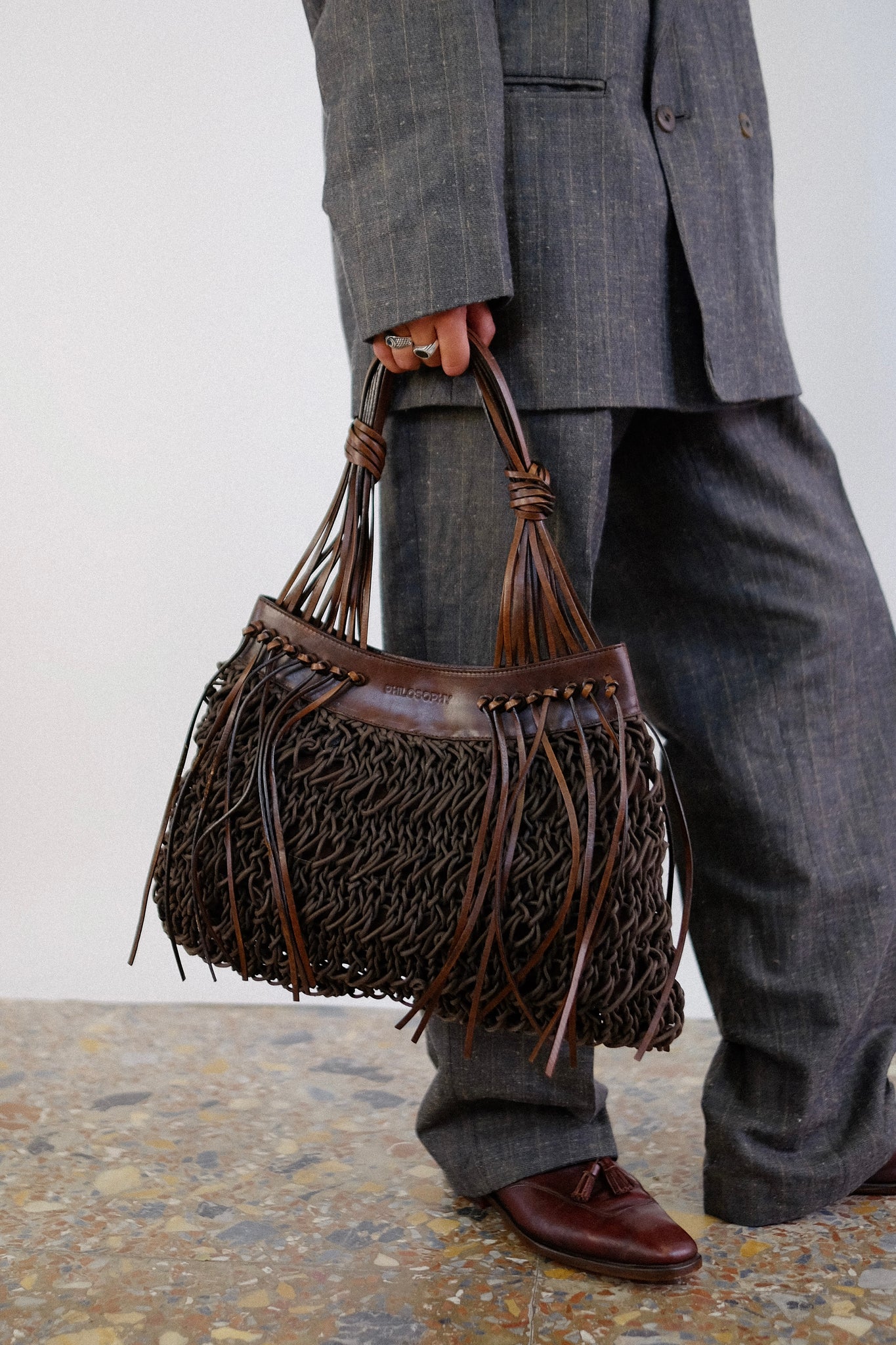 PHILOSOPHY BY ALBERTA FERRETTI WOVEN LEATHER & KNIT BAG IN CHOCOLATE BROWN