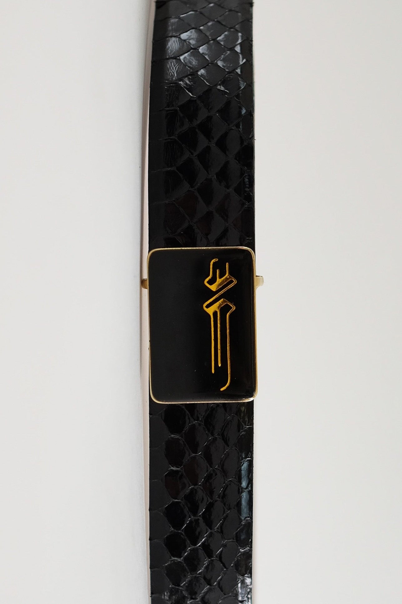 ITALIAN SNAKESKIN & ENAMEL EMBLEM BELT IN BLACK PYTHON
