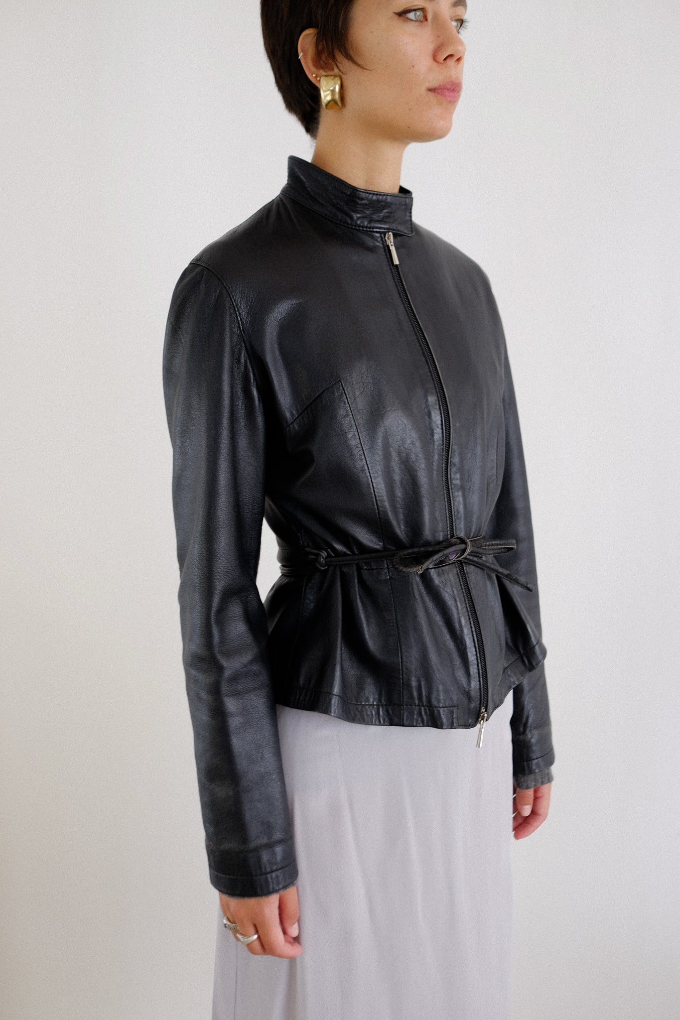 OVERPELL ITALIAN TIE WAIST BUTTERSOFT LEATHER JACKET IN BLACK