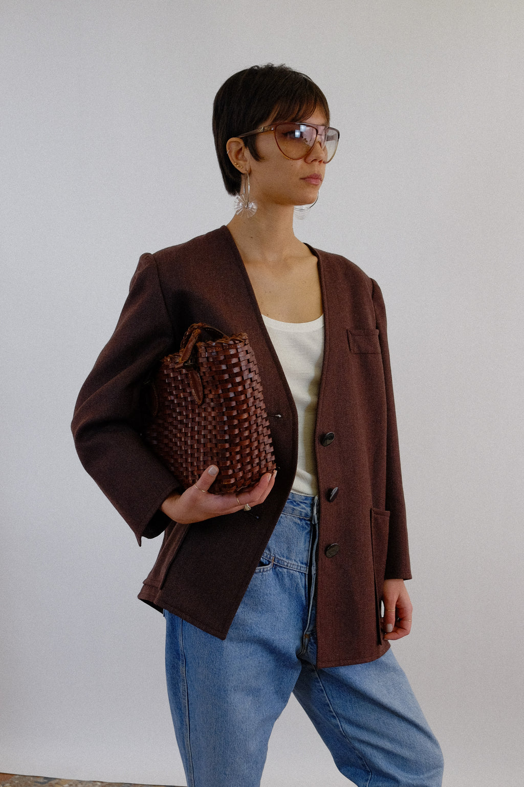 YVES SAINT LAURENT RELAXED COLLARLESS JACKET IN BROWN