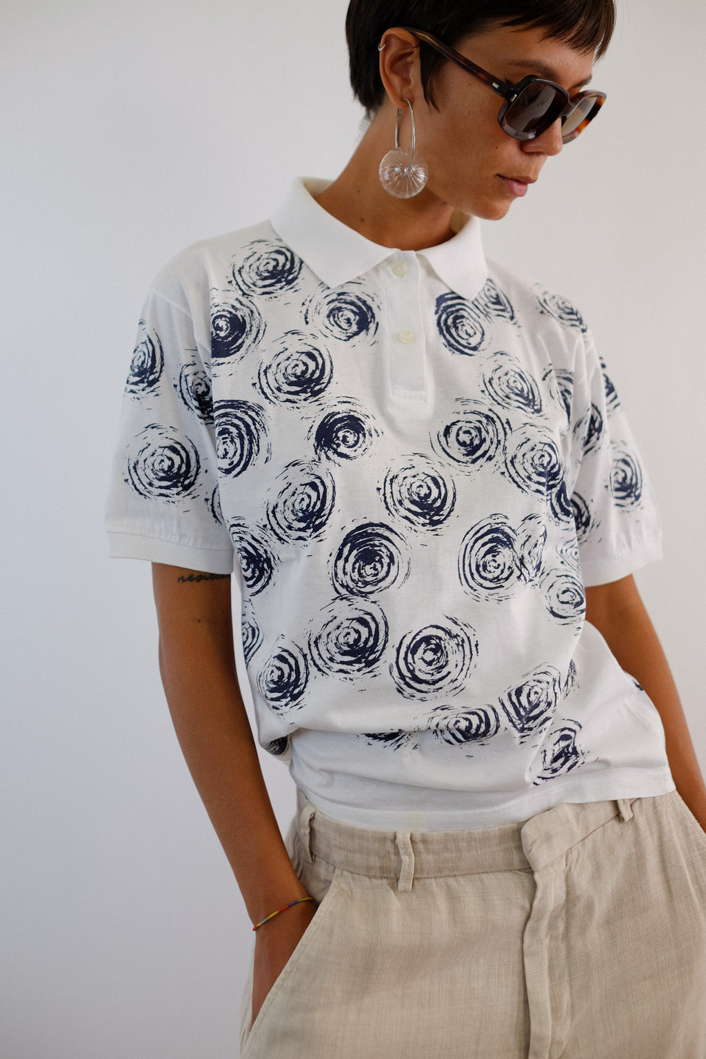 80S BRUNO ROMA SWIRL PRINT POLO IN COTTON JERSEY
