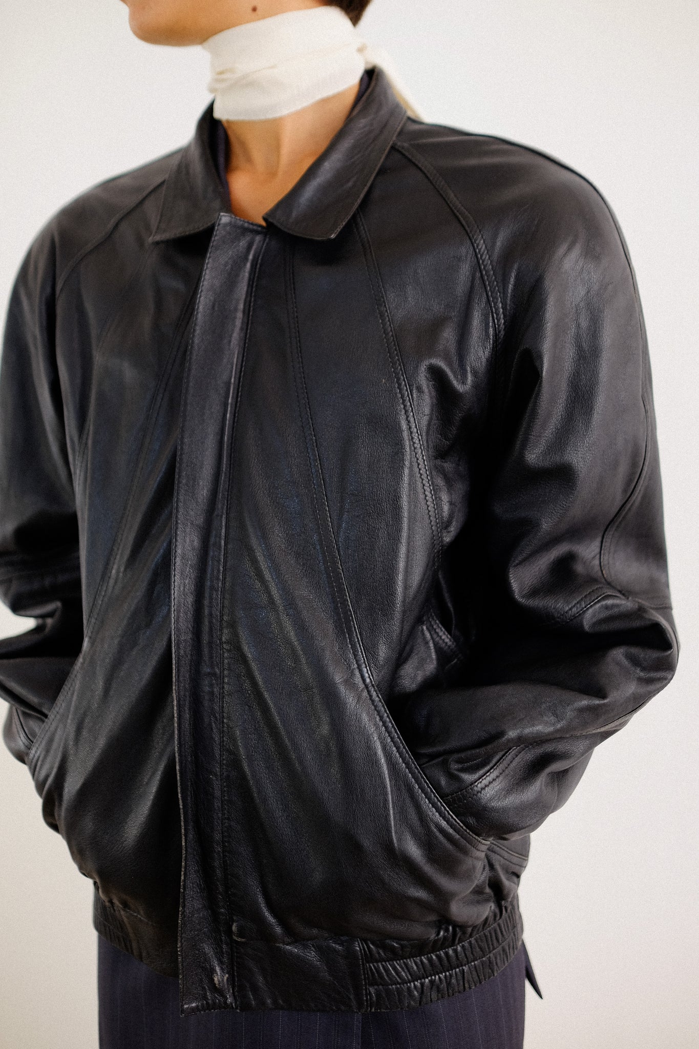ITALIAN CHEVRON LEATHER BOMBER JACKET