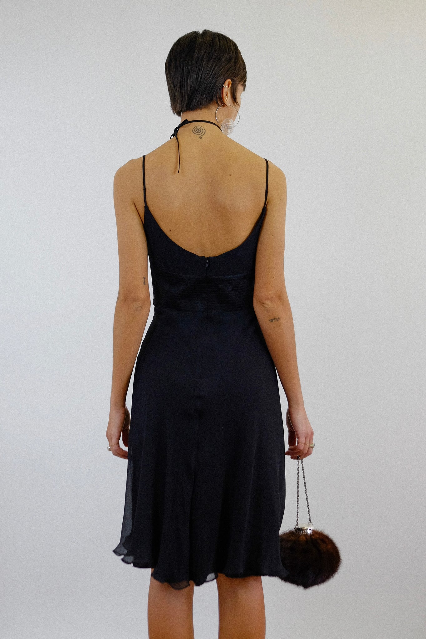 MAX MARA BIAS CUT EVENING DRESS WITH SILK ROSETTE NECKLACE IN BLACK