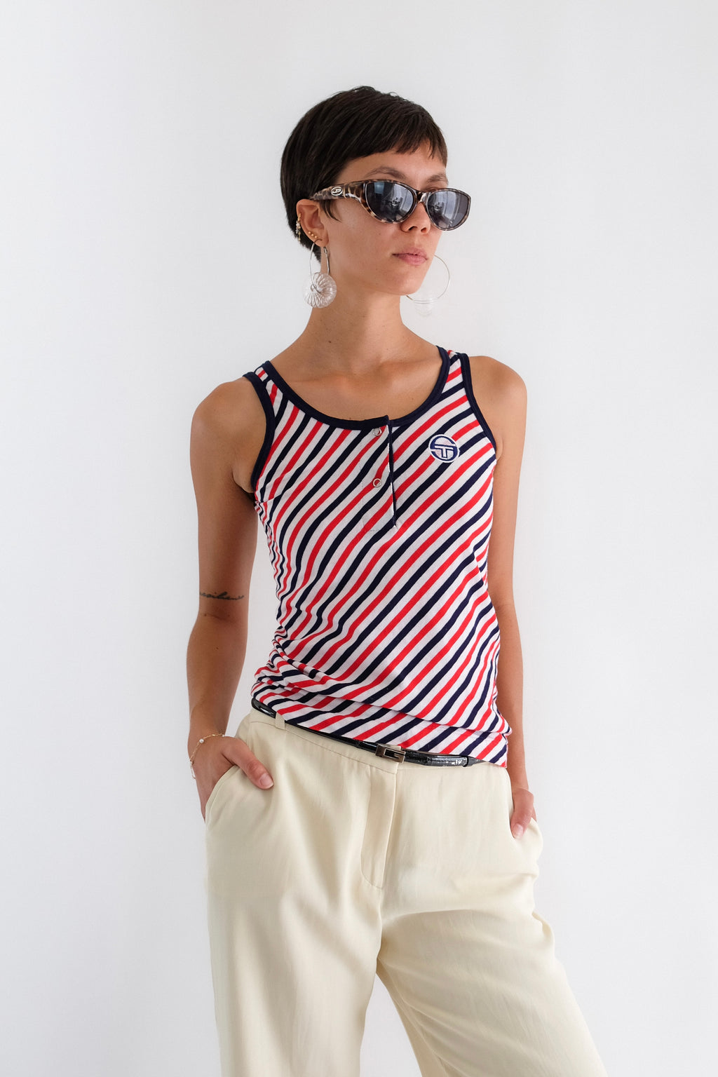 1970S SERGIO TACCHINI STRIPED SET IN BLUE, WHITE AND RED COTTON JERSEY