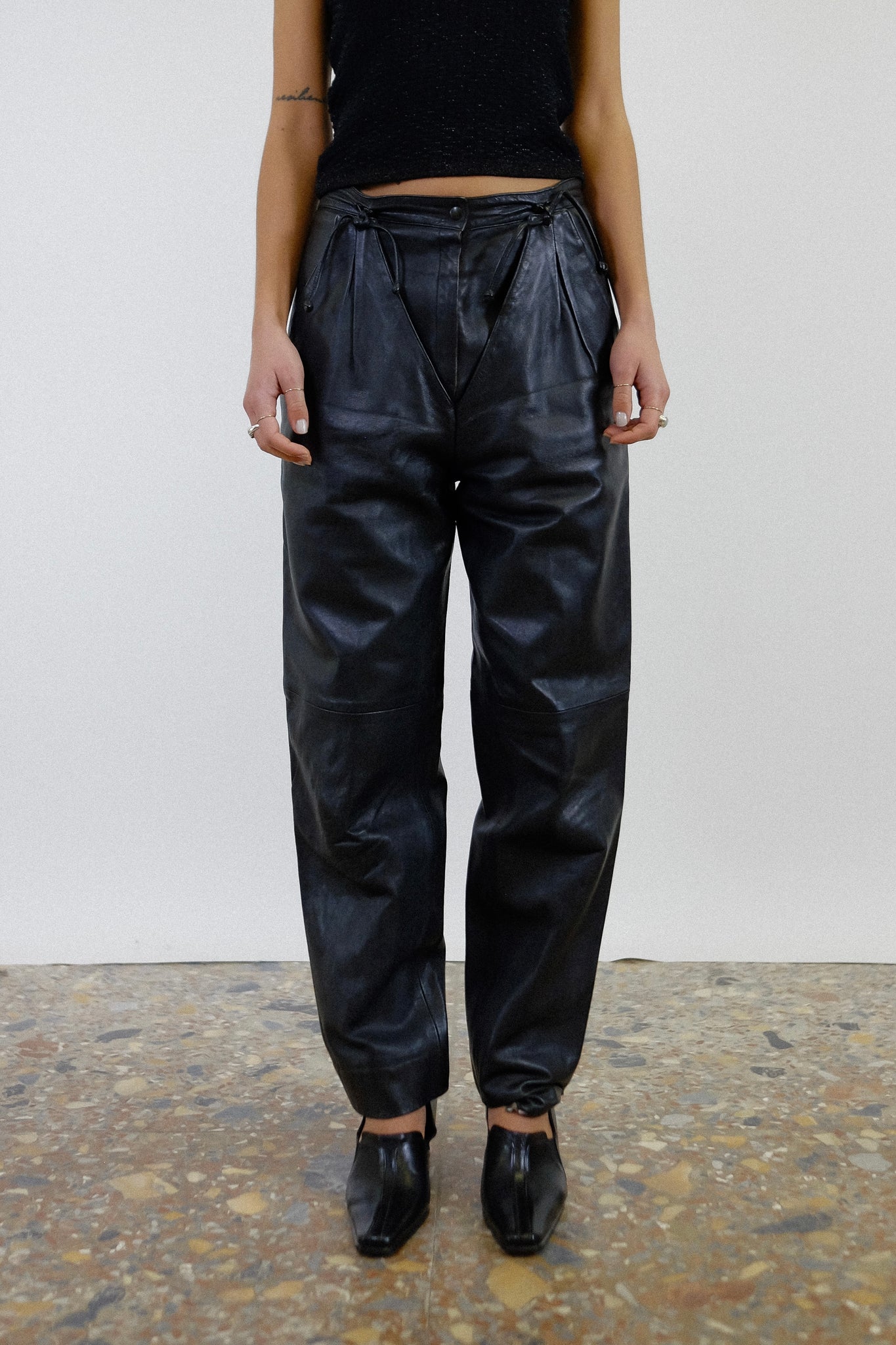 1980s CALFSKIN LEATHER CHAP TIE PANTS IN BLACK
