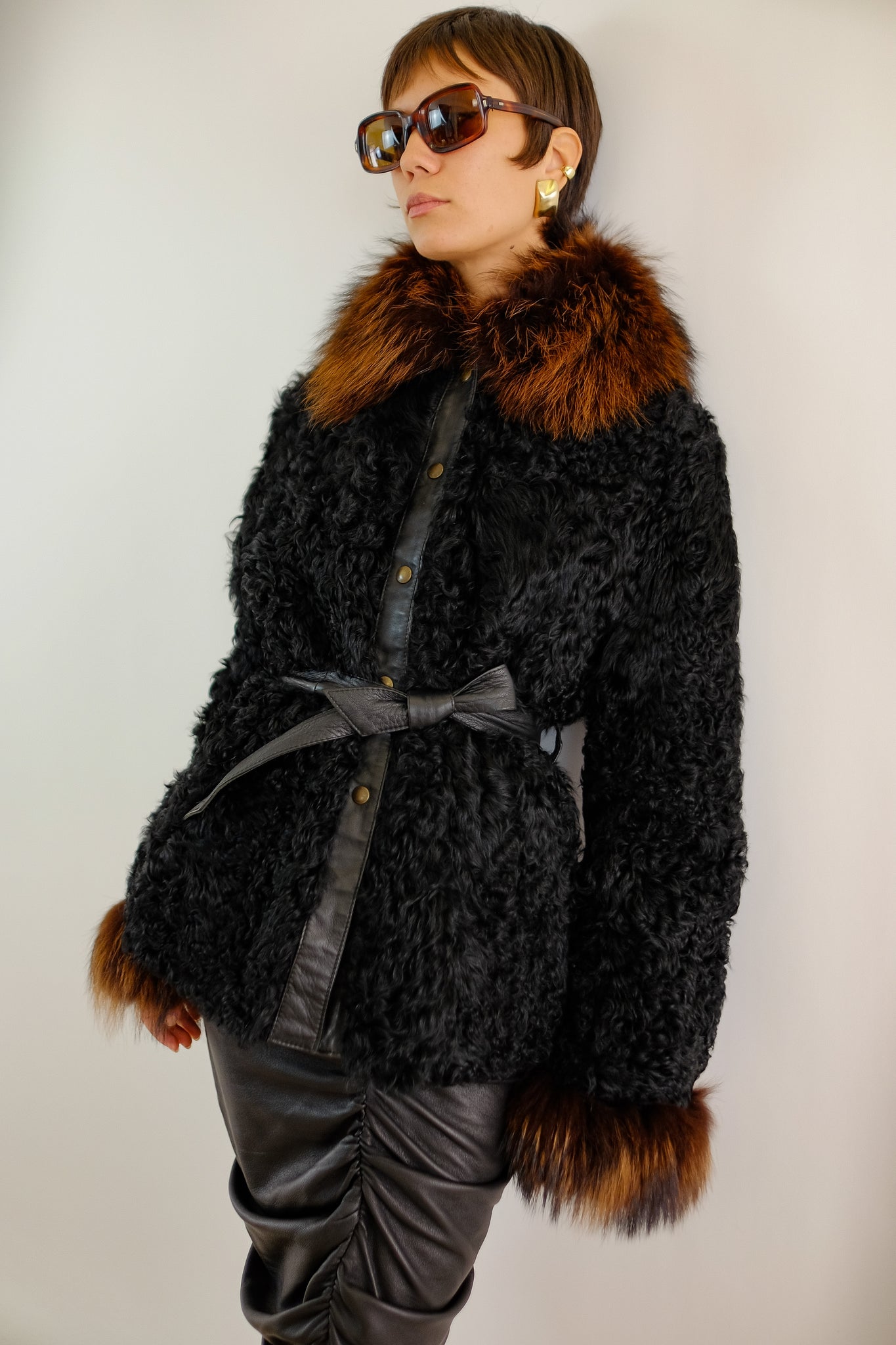 ITALIAN SHEARLING JACKET WITH FUR DETAILING IN BLACK