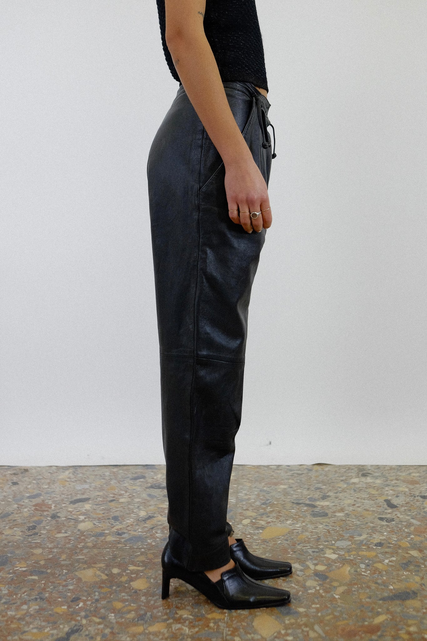 1980s CALFSKIN LEATHER CHAP TIE PANTS IN BLACK