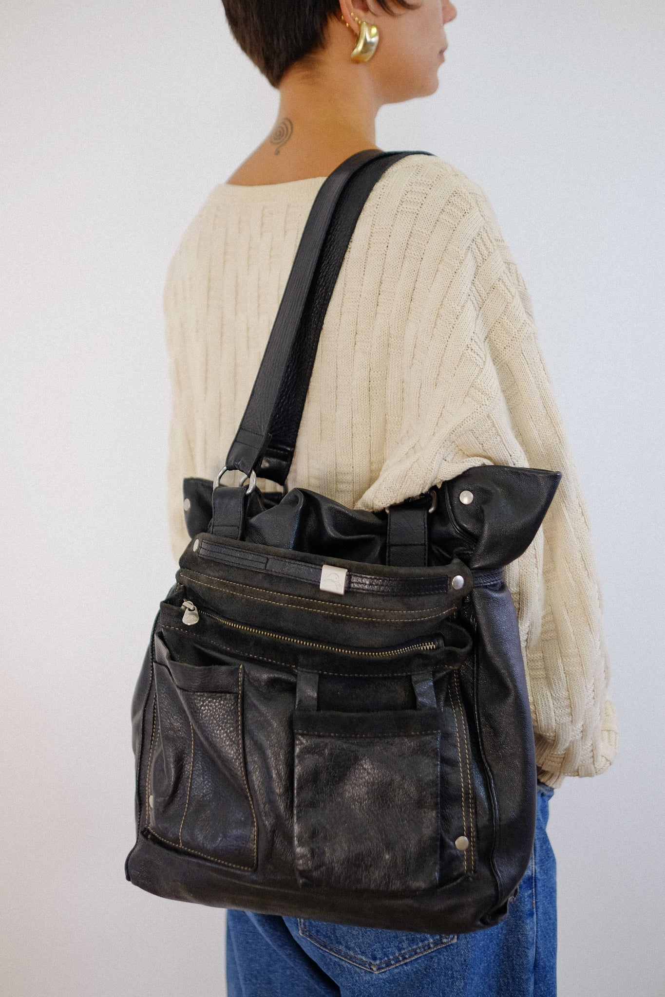 1990s MANDARINA DUCK LEATHER WORK BAG IN BLACK