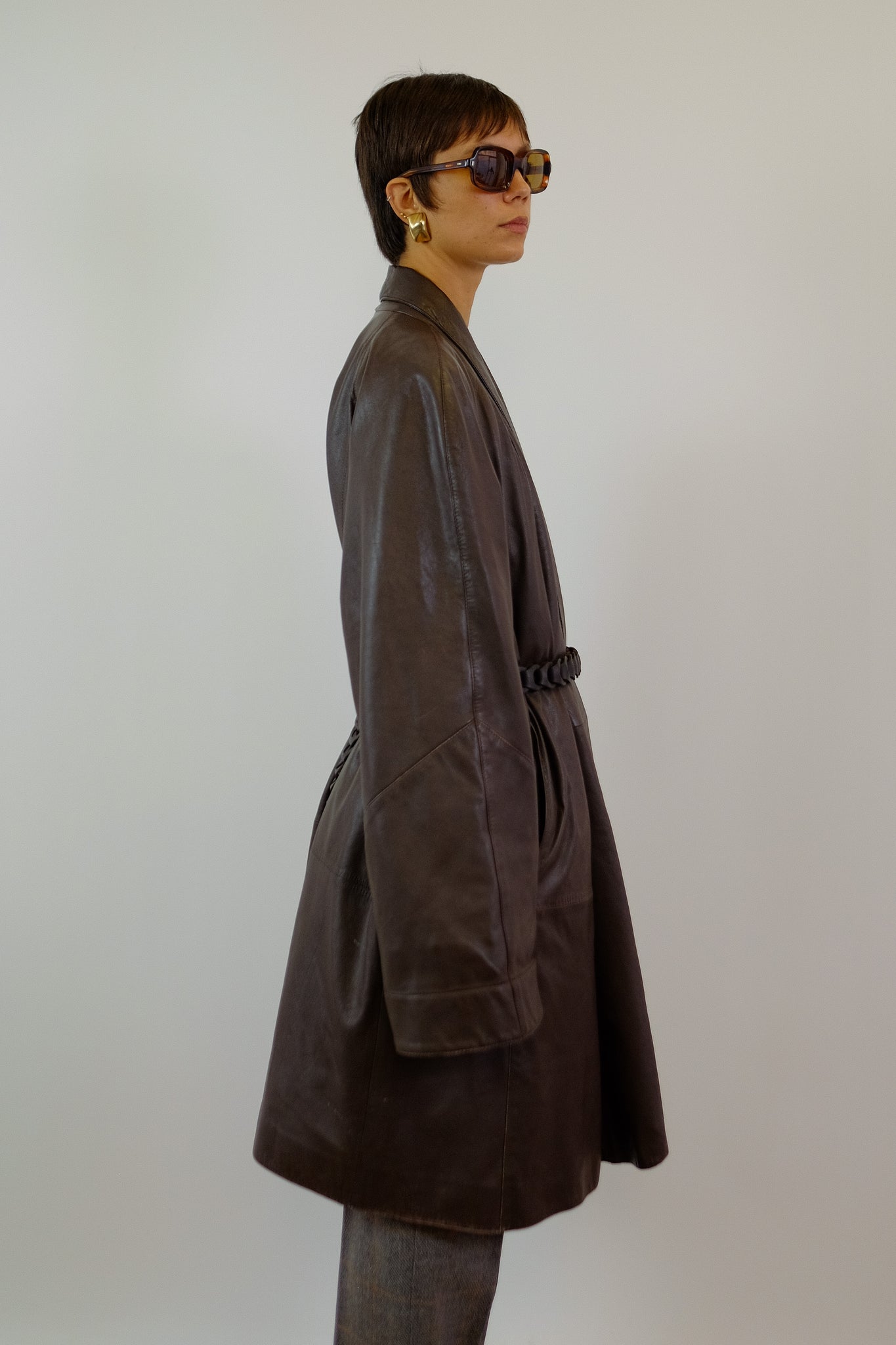 LEATHER SHAWL COAT IN DARK BROWN