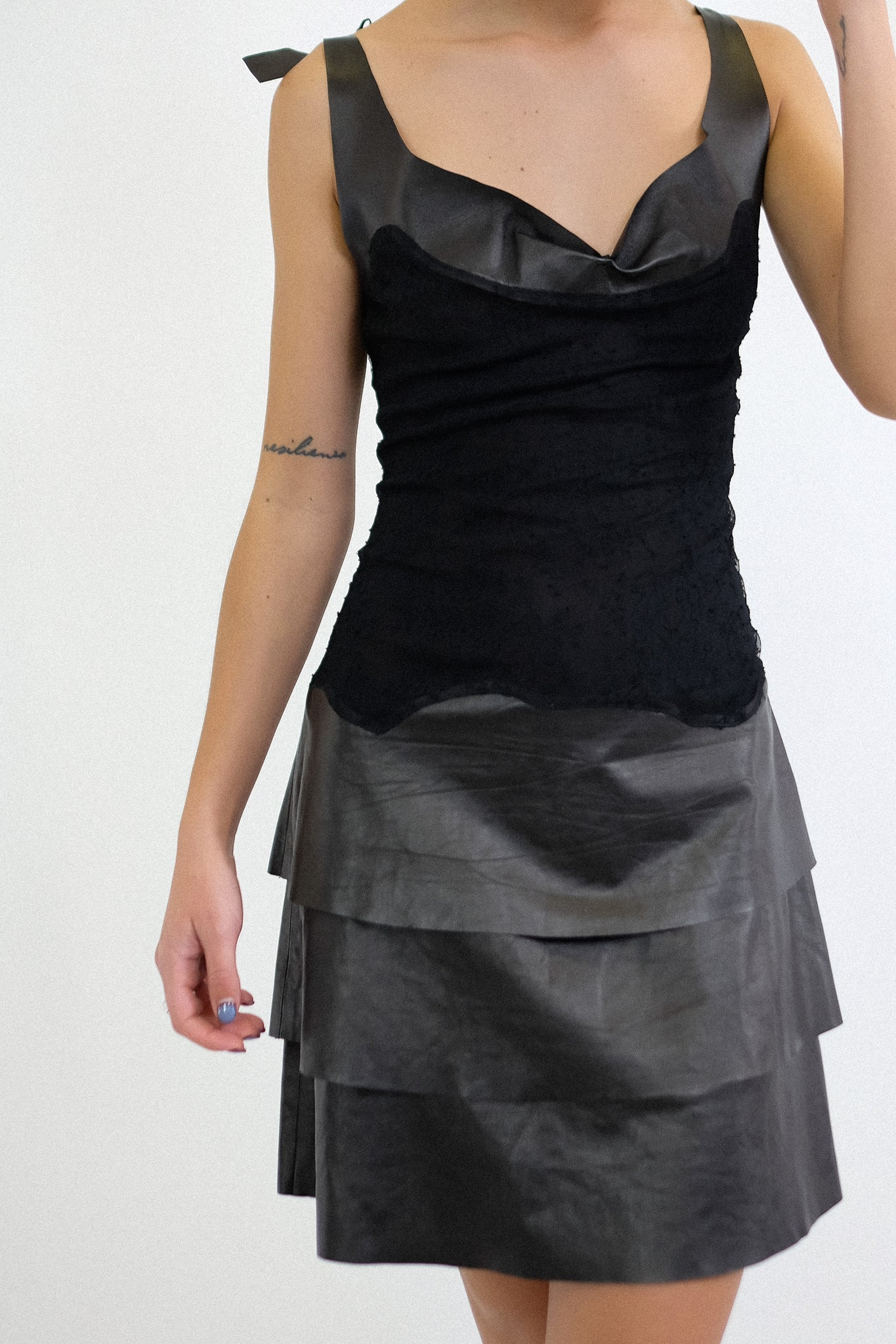 VALENTINO LACE AND LEATHER DRESS IN BLACK