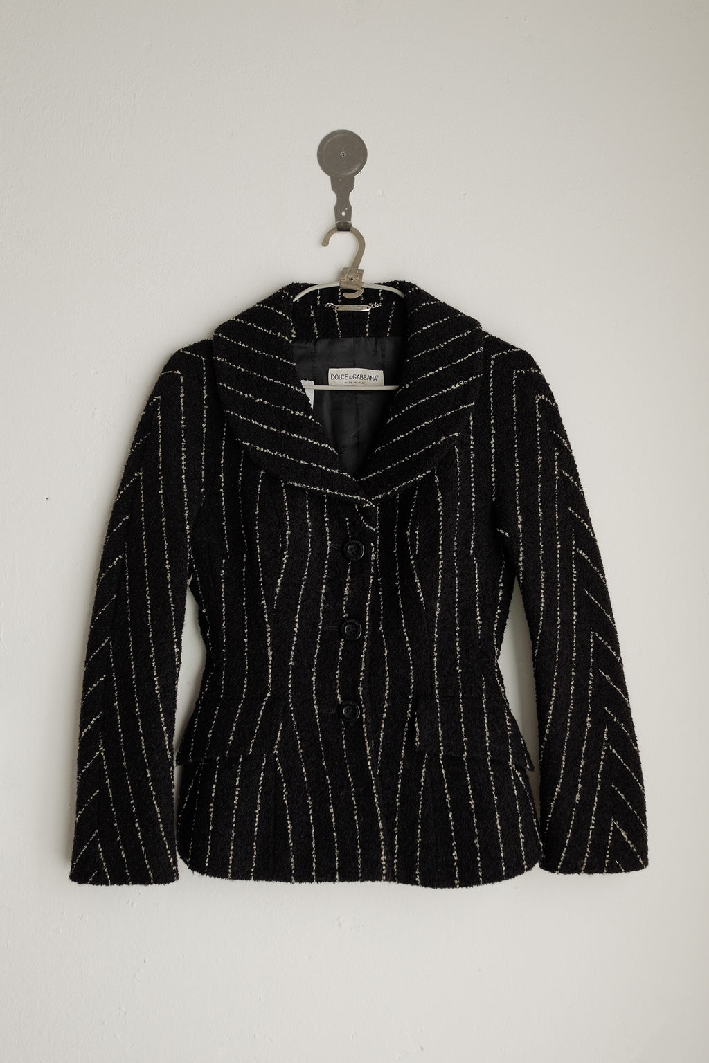1980S DOLCE AND GABBANA TWEED BAR JACKET IN BLACK WITH WHITE STRIPES