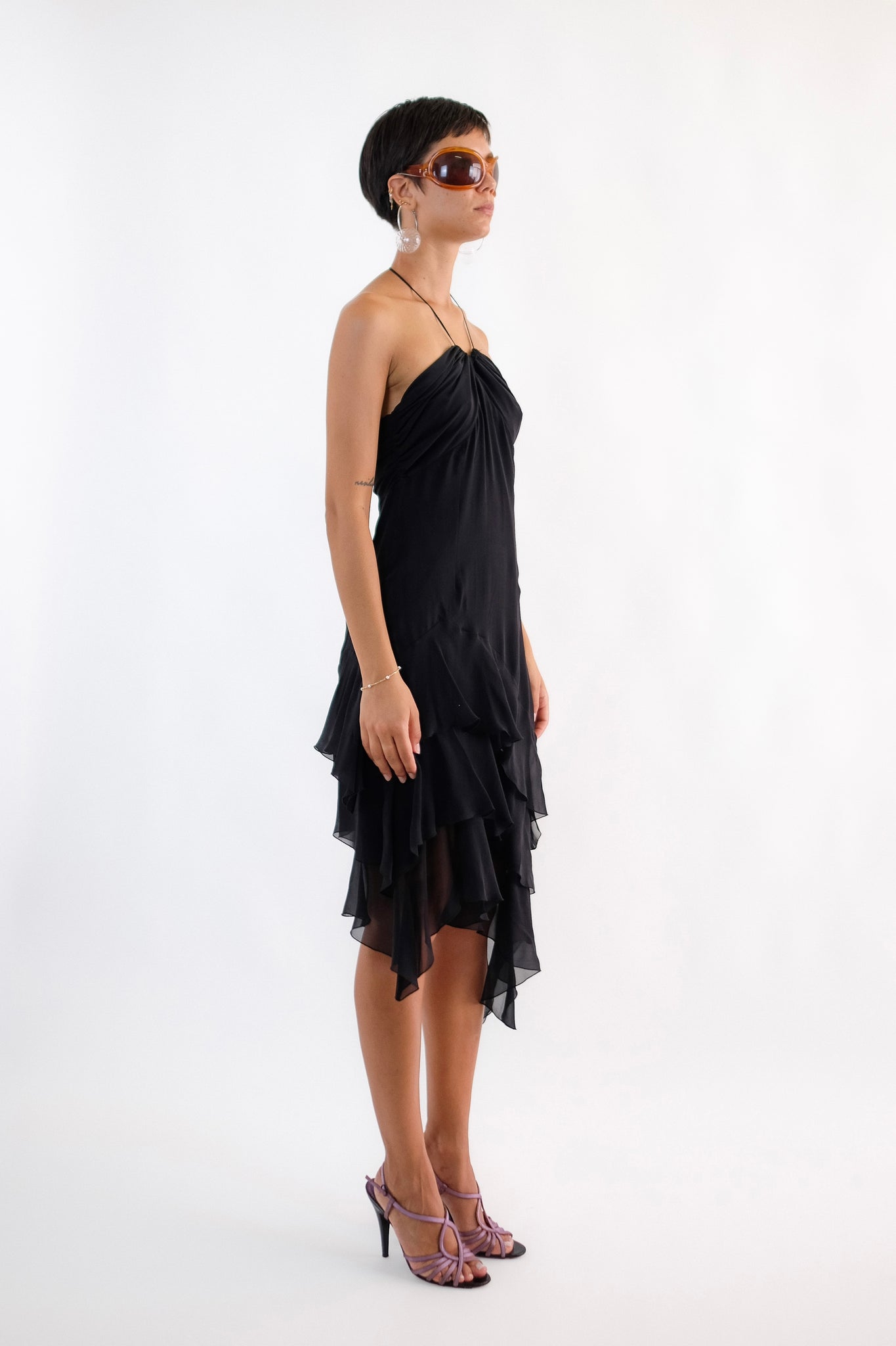 RUFFLE DRESS IN BLACK SILK