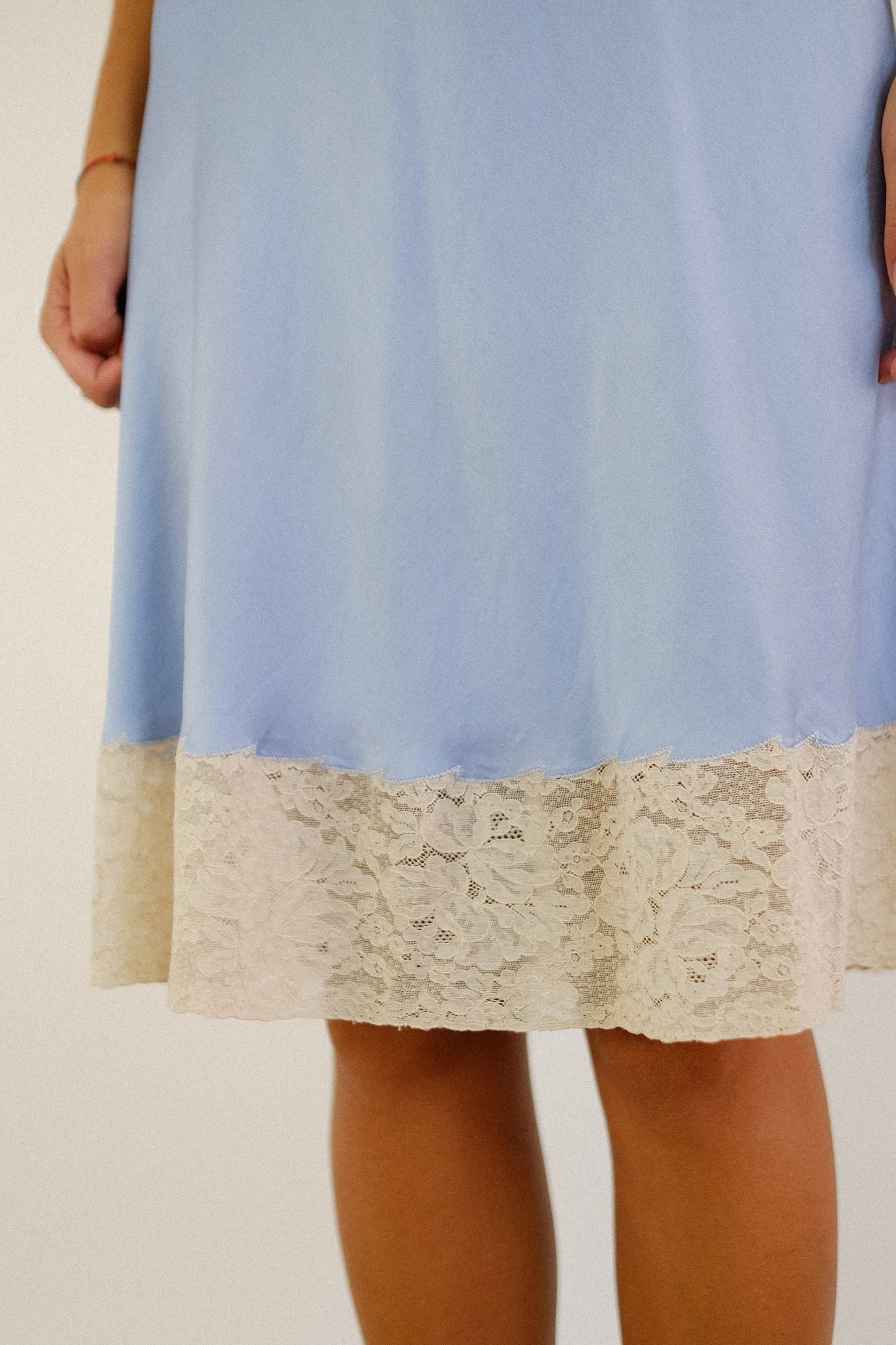 ANTIQUE 1940S SILK & LACE ENCRUSTED SLIP DRESS IN EMBROIDERED BABY BLUE