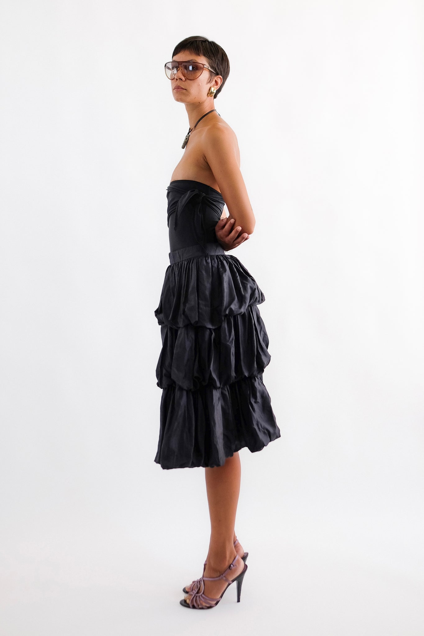 VINTAGE 80S GIANNI VERSACE TIERED PUFF SKIRT IN BLACK SILK