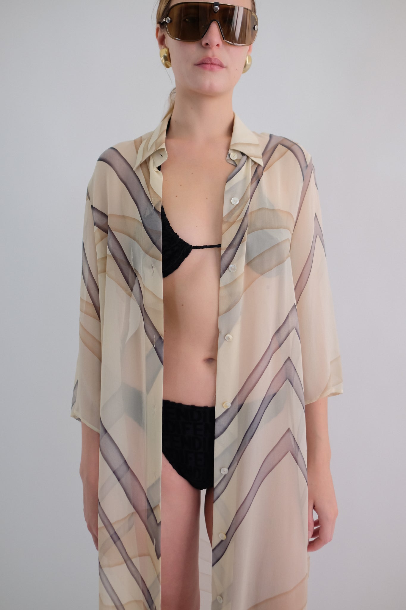 MAX MARA PURE SILK CHIFFON GEOMETRIC PRINT SHIRT DRESS IN CREAM