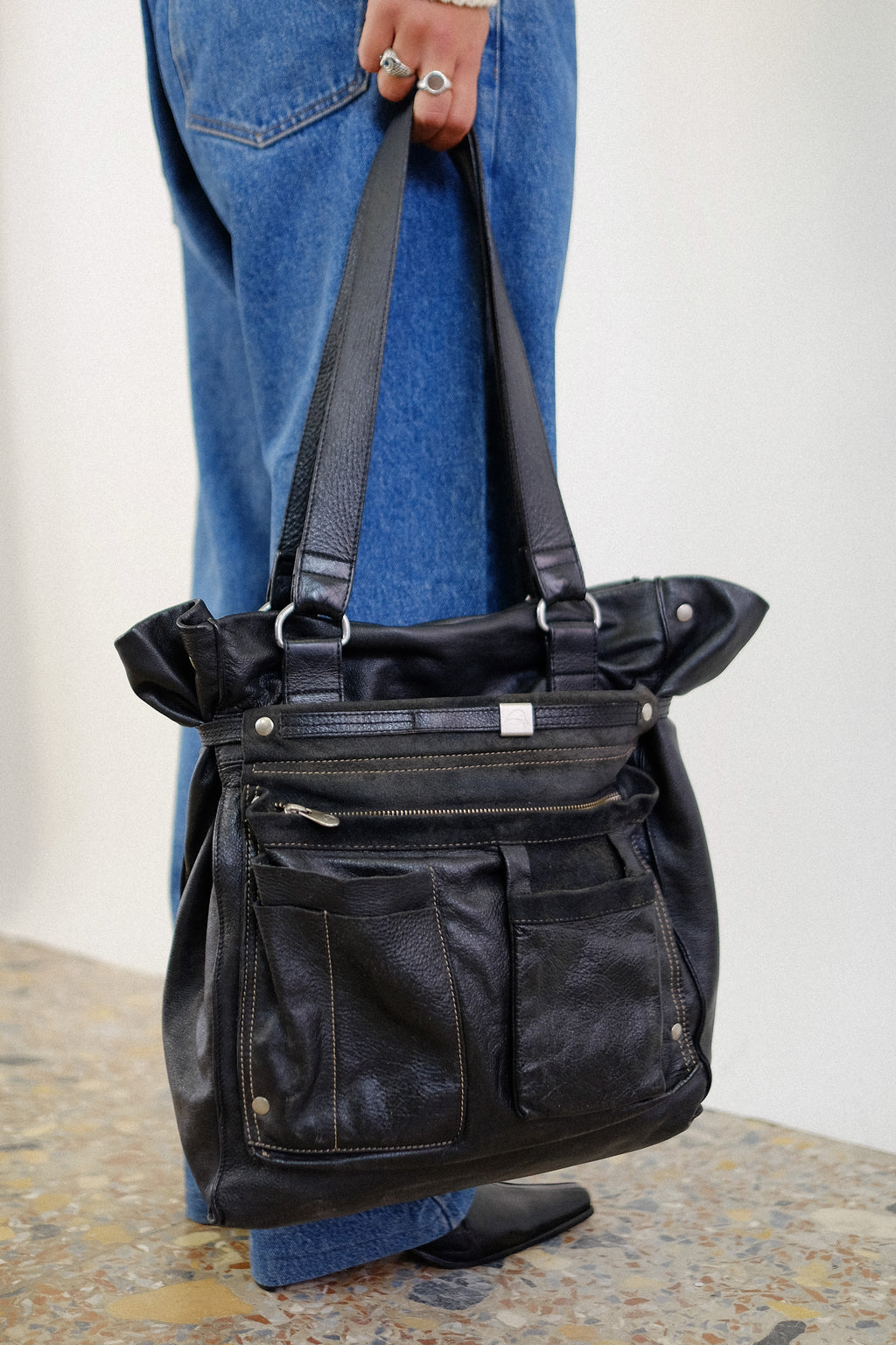 1990s MANDARINA DUCK LEATHER WORK BAG IN BLACK
