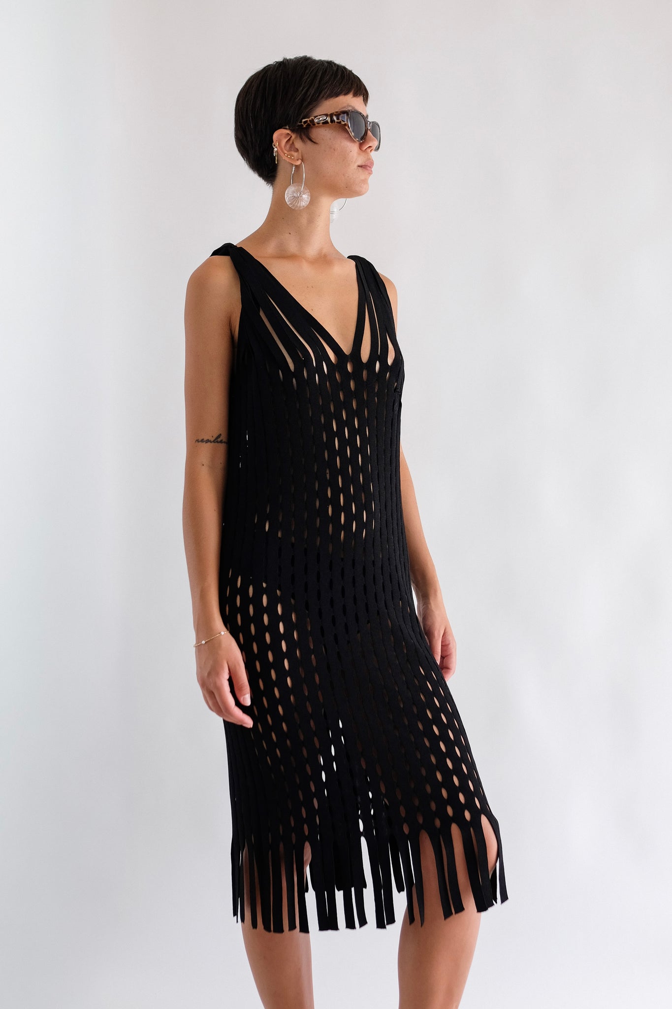PIANURASTUDIO DEADSTOCK CUT-OUT FRINGED KNIT DRESS IN BLACK