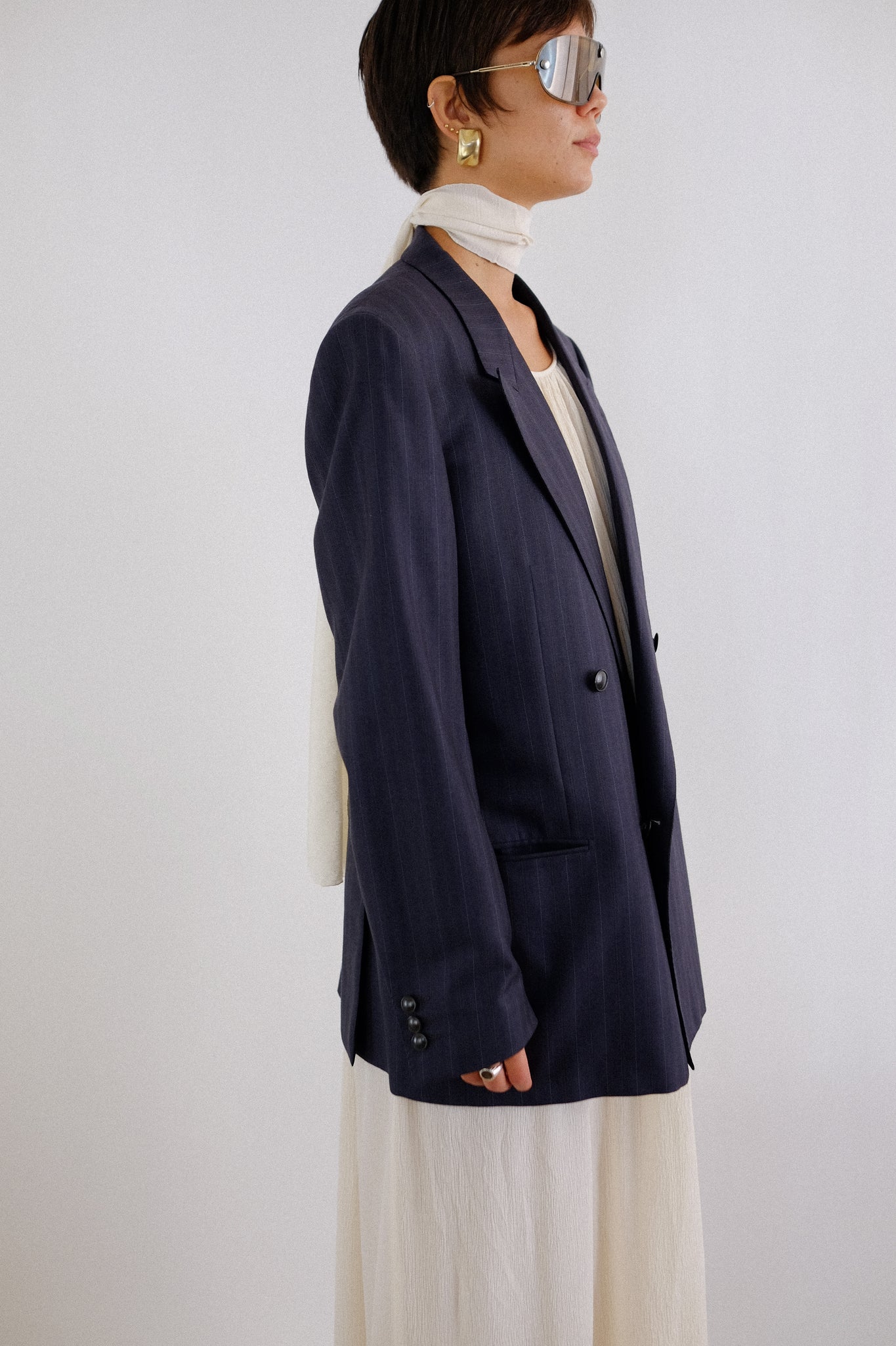 YSL PINSTRIPE DOUBLE BREASTED BLAZER IN DARK GREY STRIPE