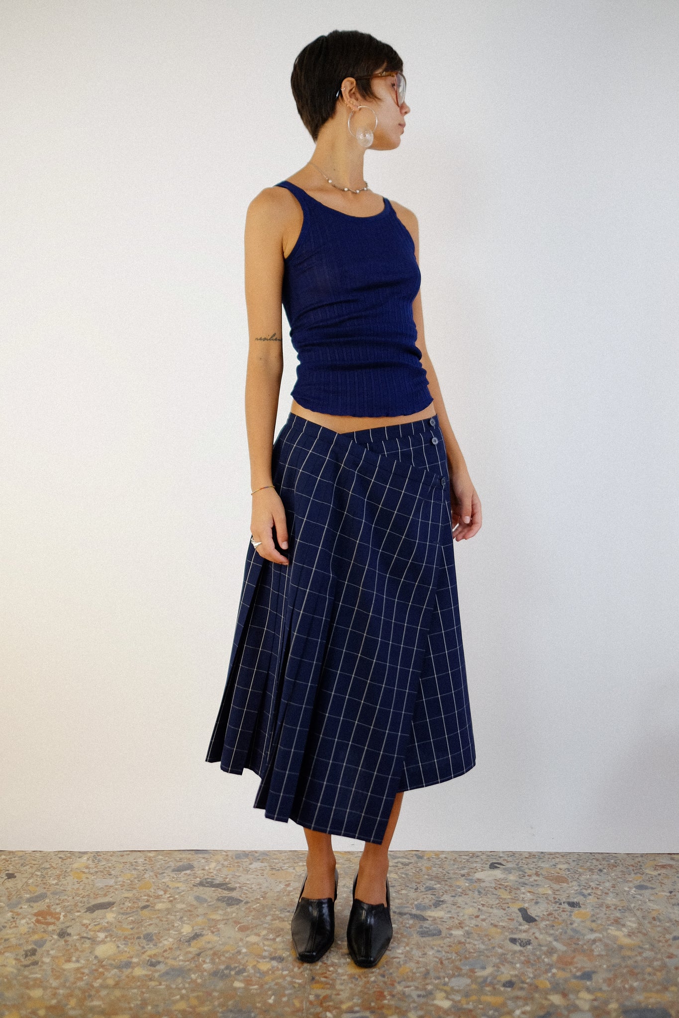 MARINA RINALDI WRAP SKIRT IN NAVY BLUE PLAID