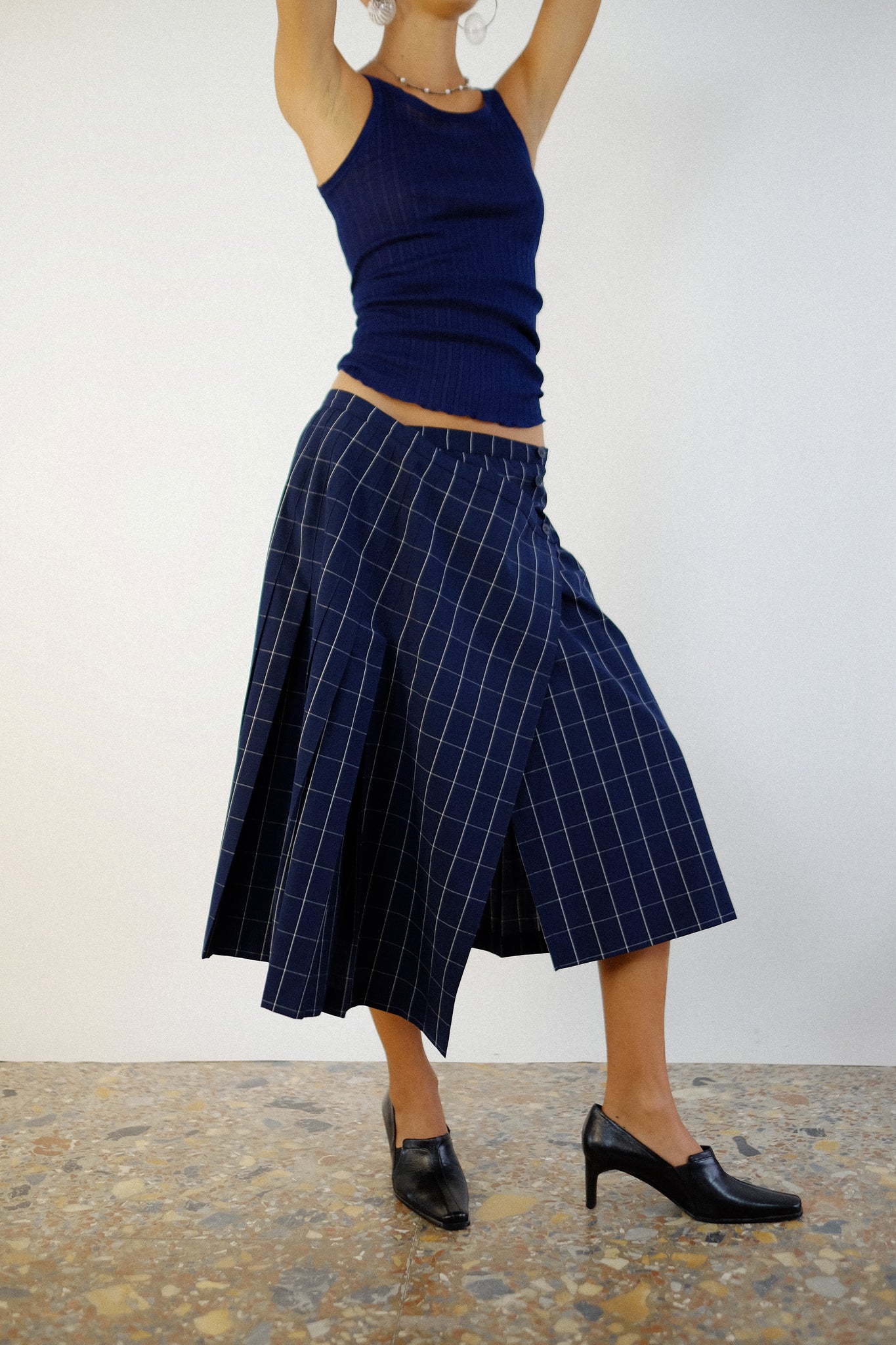 MARINA RINALDI WRAP SKIRT IN NAVY BLUE PLAID
