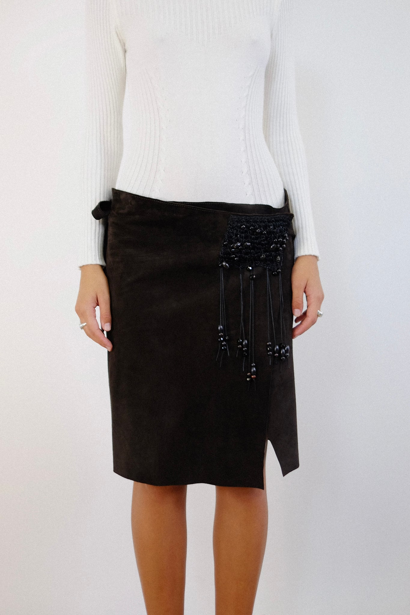 NUDE LEATHER WRAP BEADED SKIRT IN CHOCOLATE BROWN