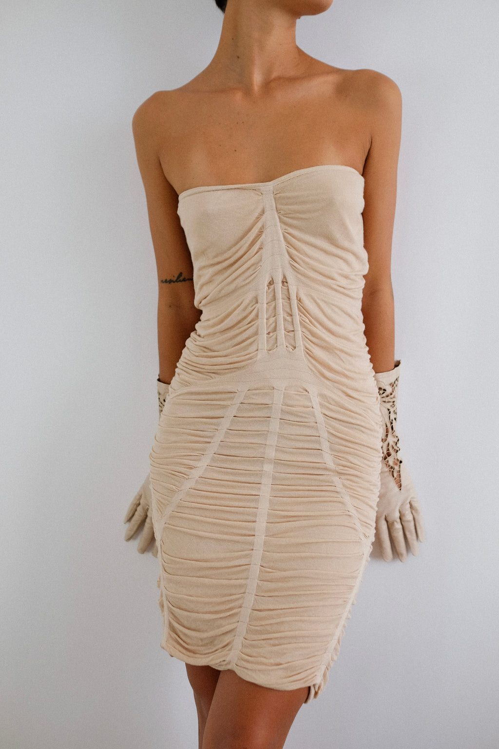 PATRIZIA PEPE TRCH-PLEAT MINI DRESS IN NUDE