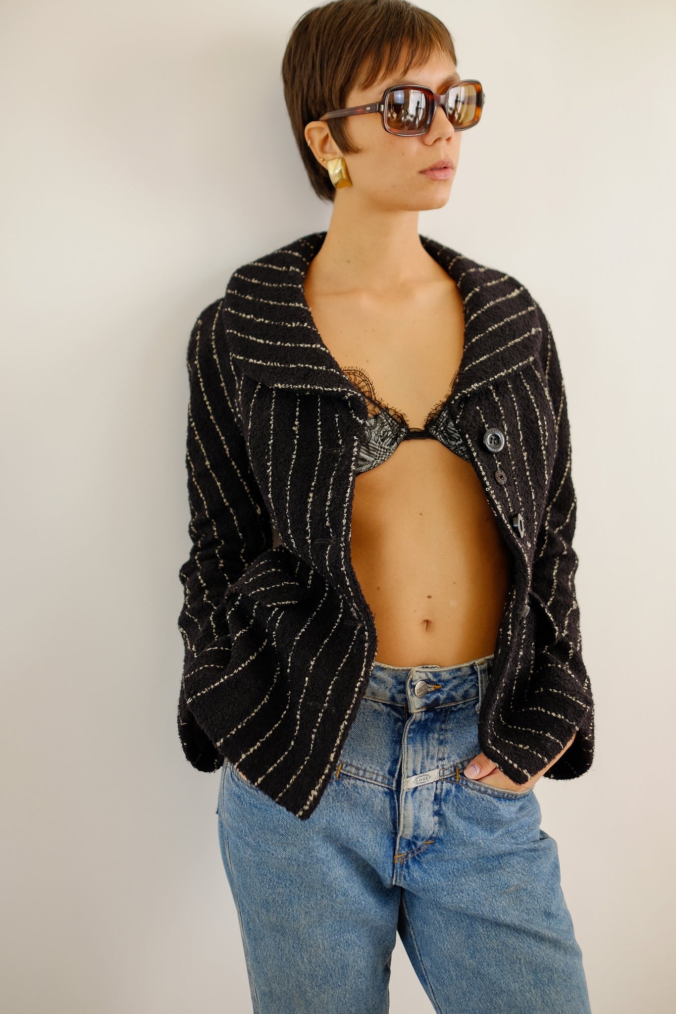 1980S DOLCE AND GABBANA TWEED BAR JACKET IN BLACK WITH WHITE STRIPES