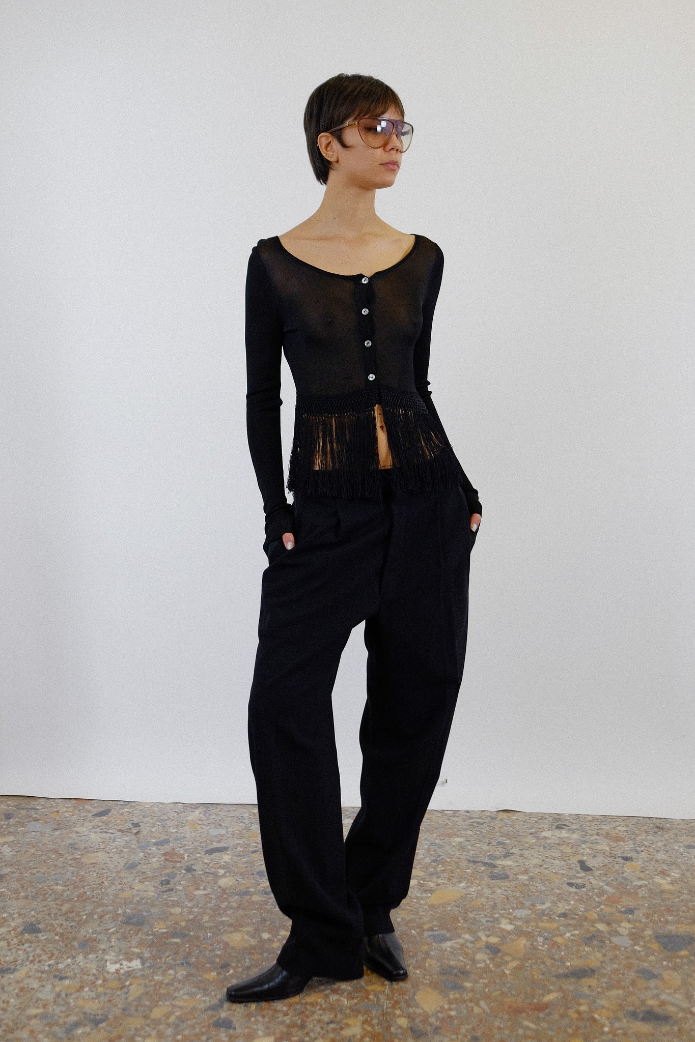 MOSCHINO CROP FRINGED CARDIGAN IN BLACK