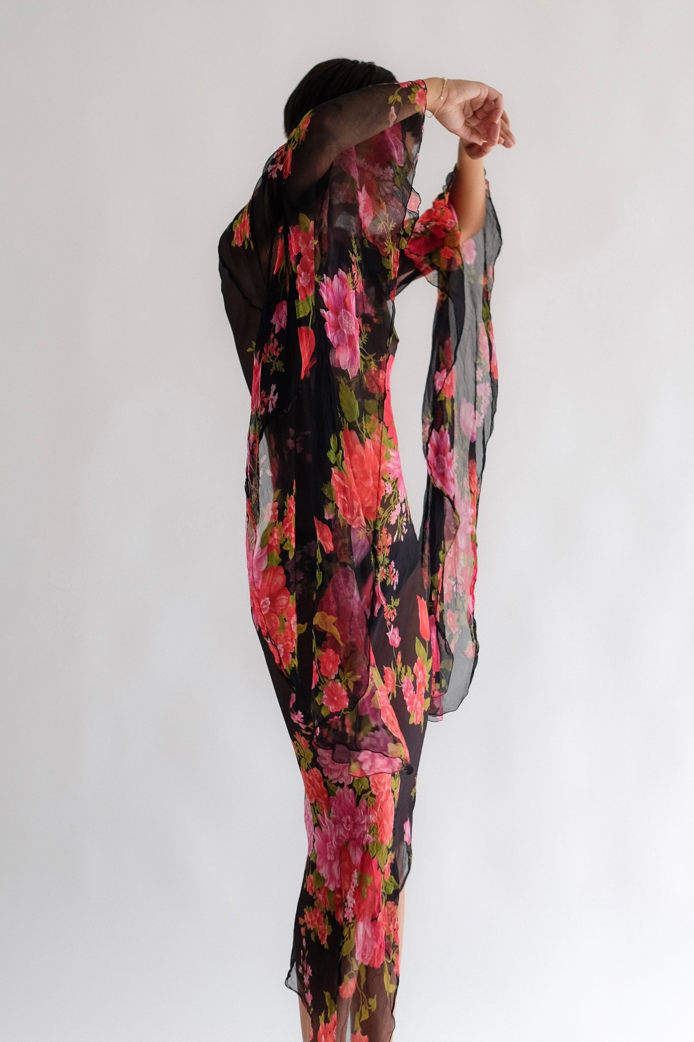 FLORAL BIAS CUT SEMI-SHEER TENDRIL DRESS IN SILK FLOREAL