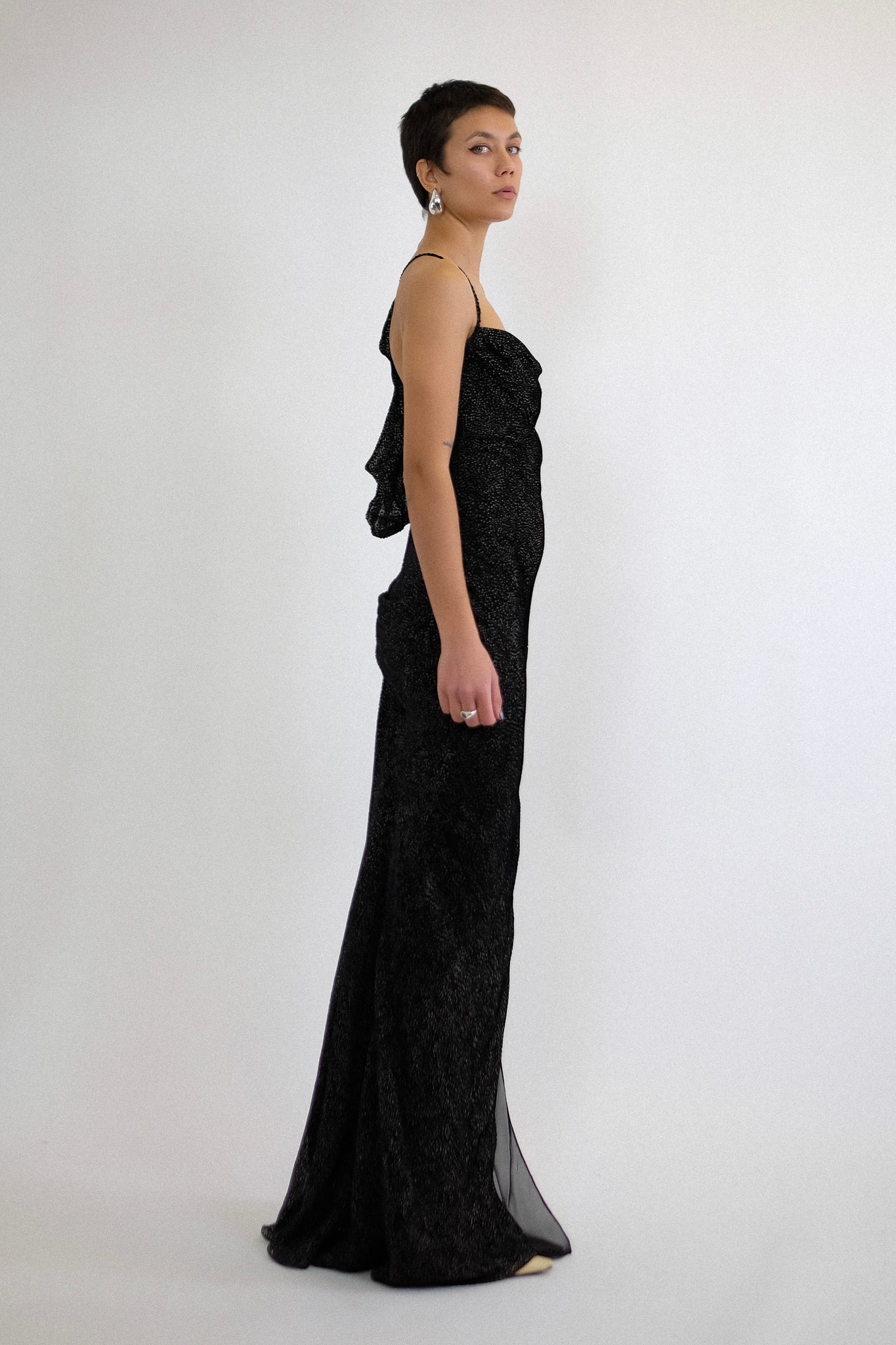 JOHN GALLIANO 2000s DRAPED GOWN IN BLACK AND WHITE DEVORÉ