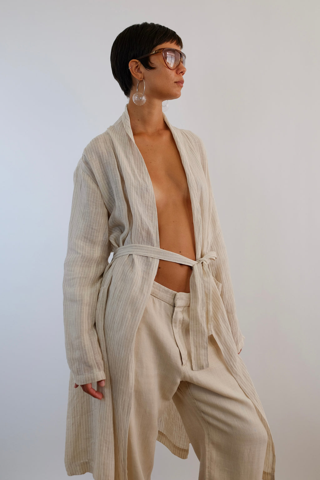 80S ISSEY MIYAKE - PLANTATION LINE ROBE IN ECRU LINEN
