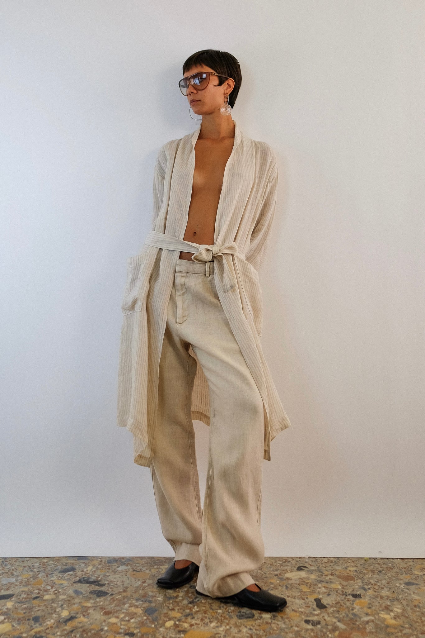 80S ISSEY MIYAKE - PLANTATION LINE ROBE IN ECRU LINEN
