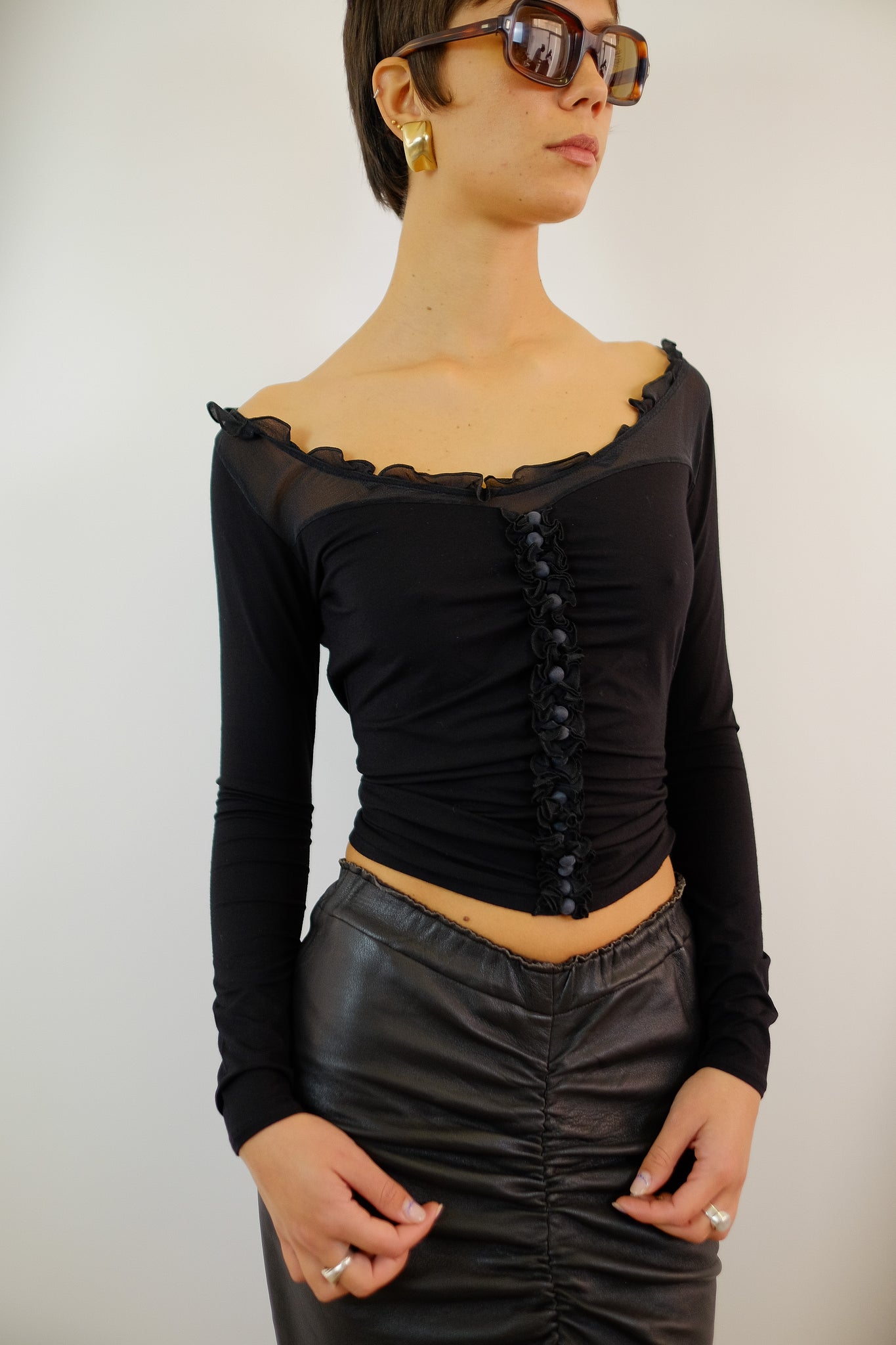 MAXMARA RUCHED TOP IN BLACK JERSEY & SILK