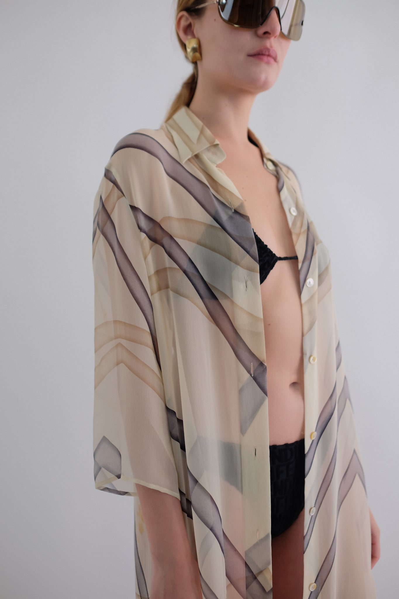 MAX MARA PURE SILK CHIFFON GEOMETRIC PRINT SHIRT DRESS IN CREAM
