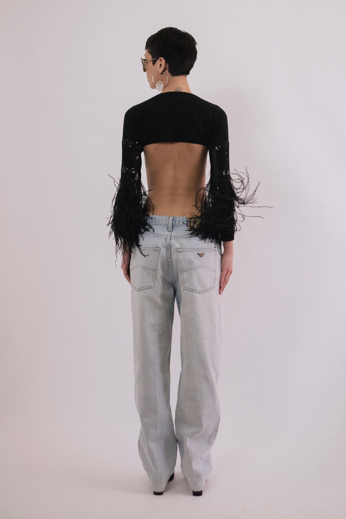 VALENTINO FEATHER AND SEQUIN EMBROIDERED SHRUG IN BLACK