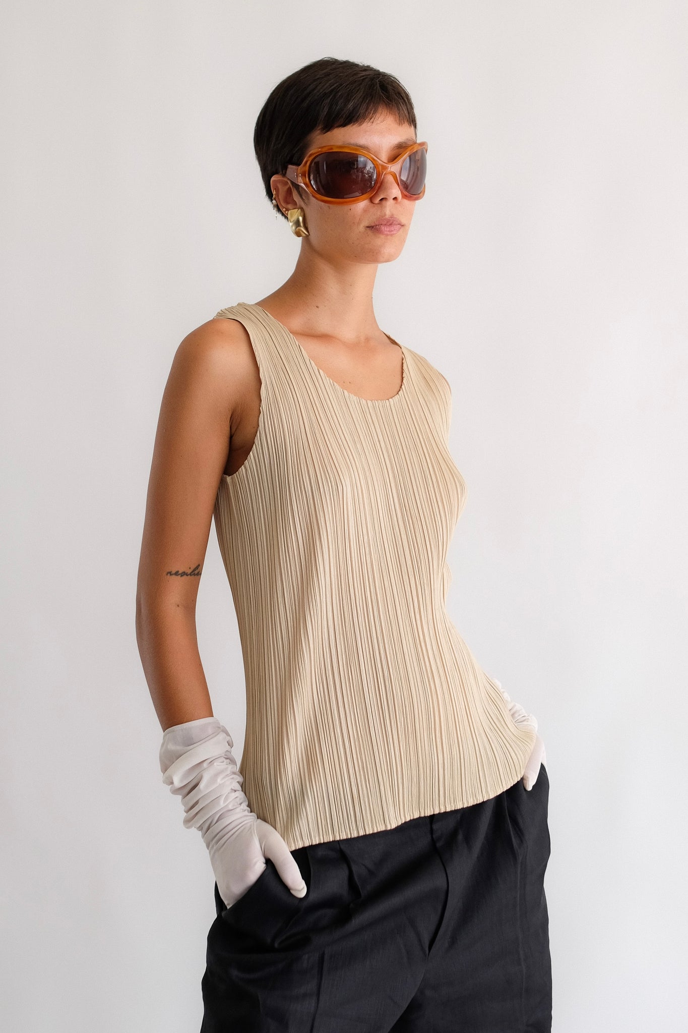 ISSEY MIYAKE PLEATS PLEASE TANK TOP IN BEIGE
