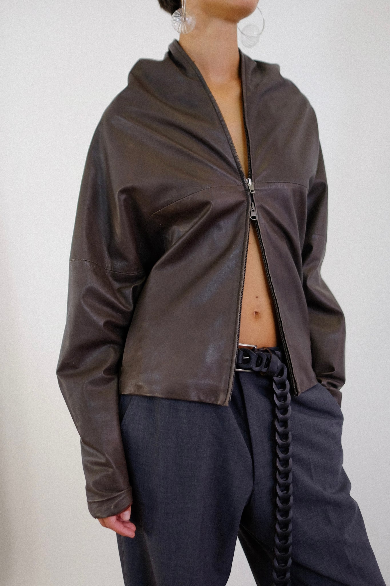 AMEN FULL ZIP LEATHER JACKET IN DEEP BROWN