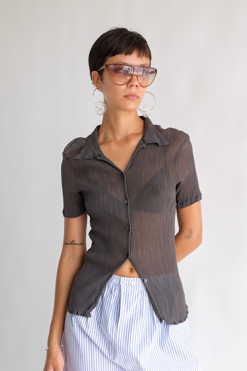 MARELLA MICRO PLEATED SHIRT IN GREY SILK FROISSÉ
