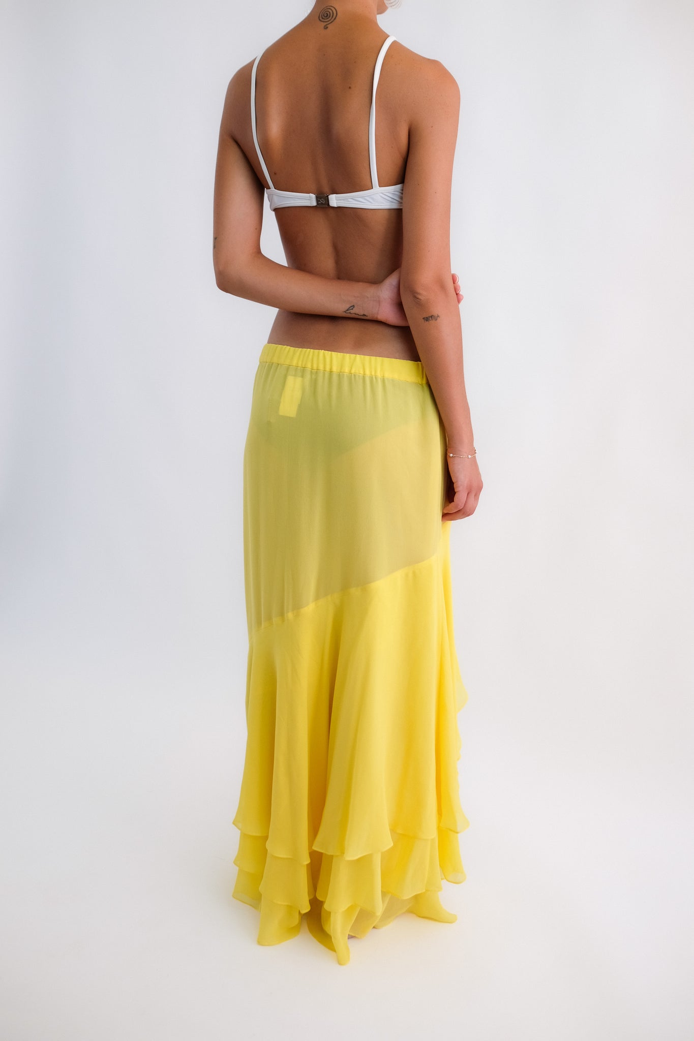 GAI MATTIOLO TIERED RUFFLE SKIRT IN LEMON YELLOW SILK CREPE