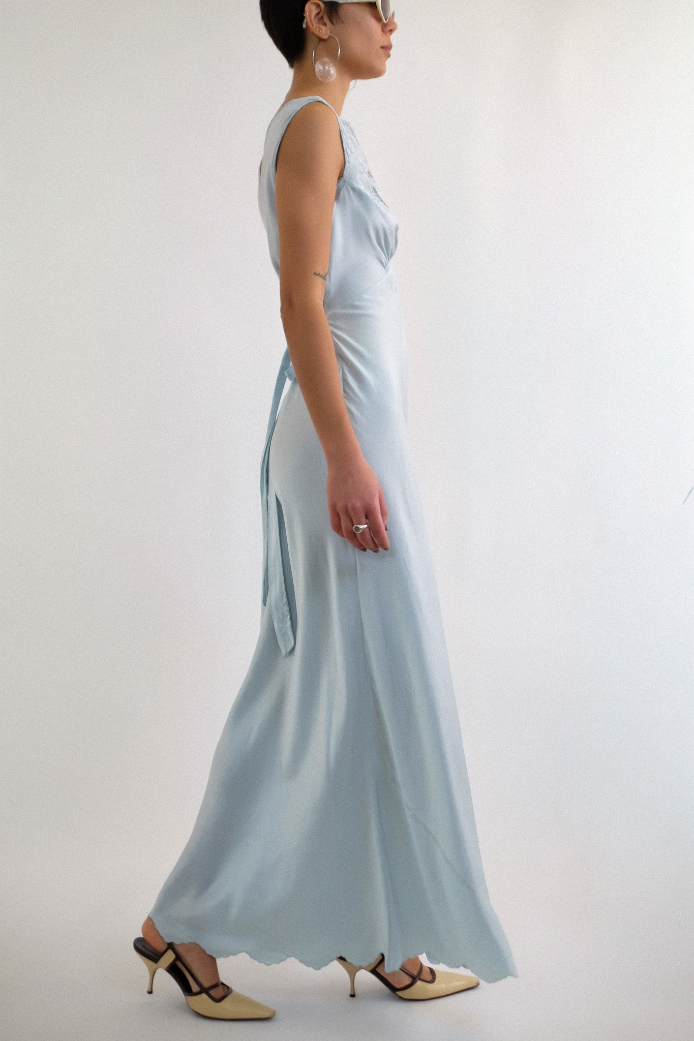 1940s HAND EMBROIDERED BIAS CUT SILK GOWN IN DUCK EGG BLUE