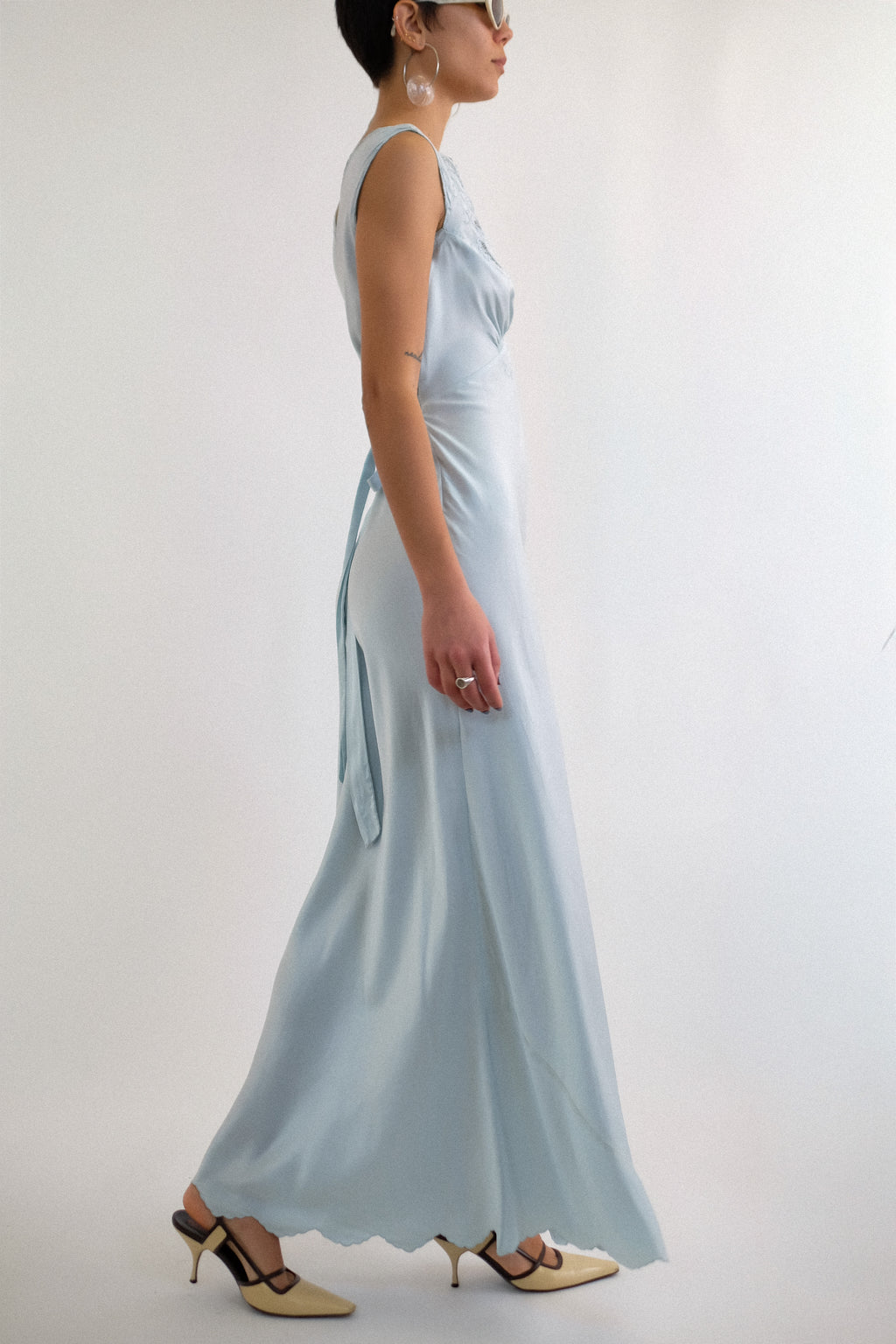 1940s HAND EMBROIDERED BIAS CUT SILK GOWN IN DUCK EGG BLUE