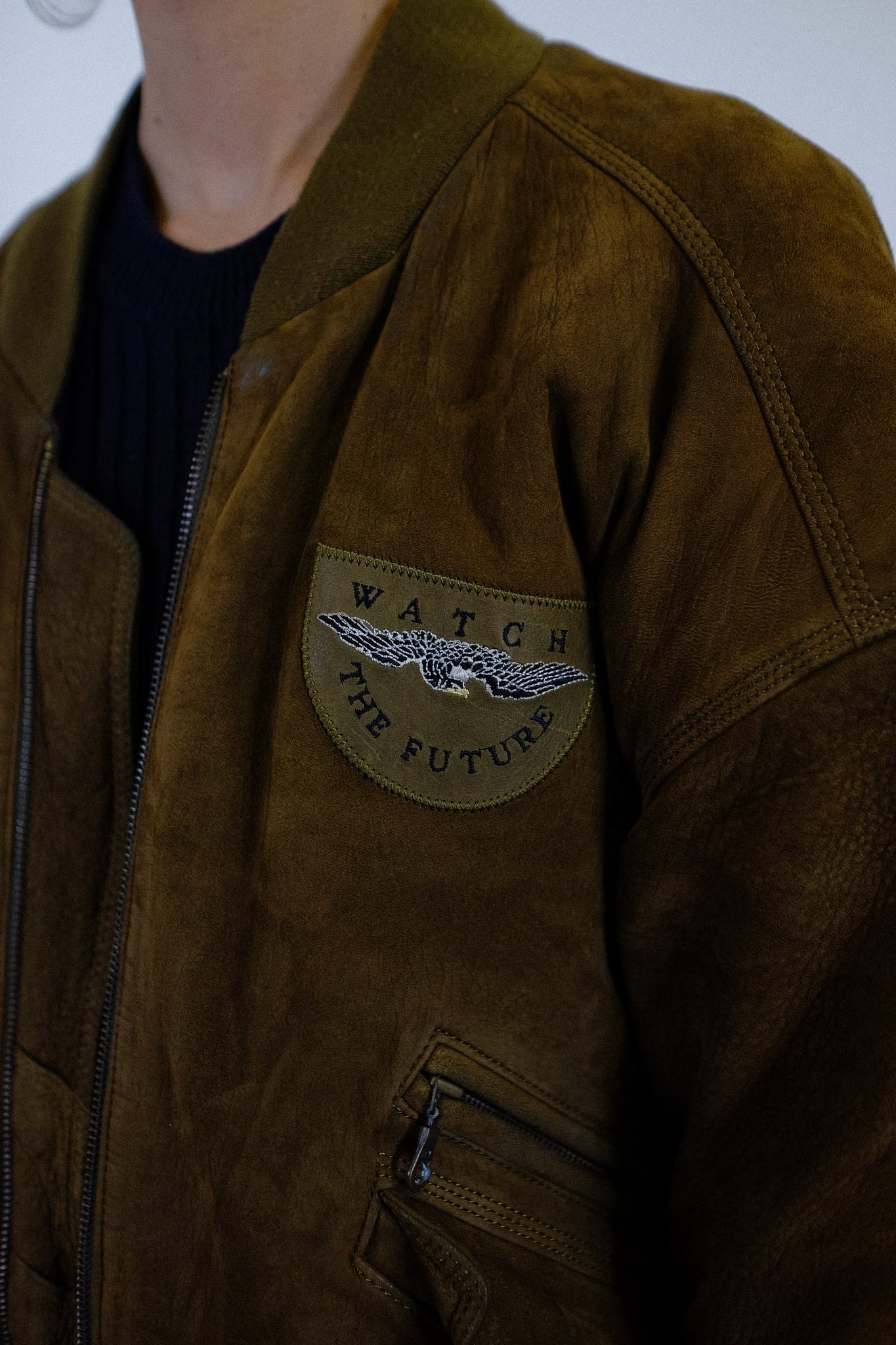 80S “WATCH THE FUTURE” SUEDE LEATHER BOMBER IN CHOCOLATE BROWN