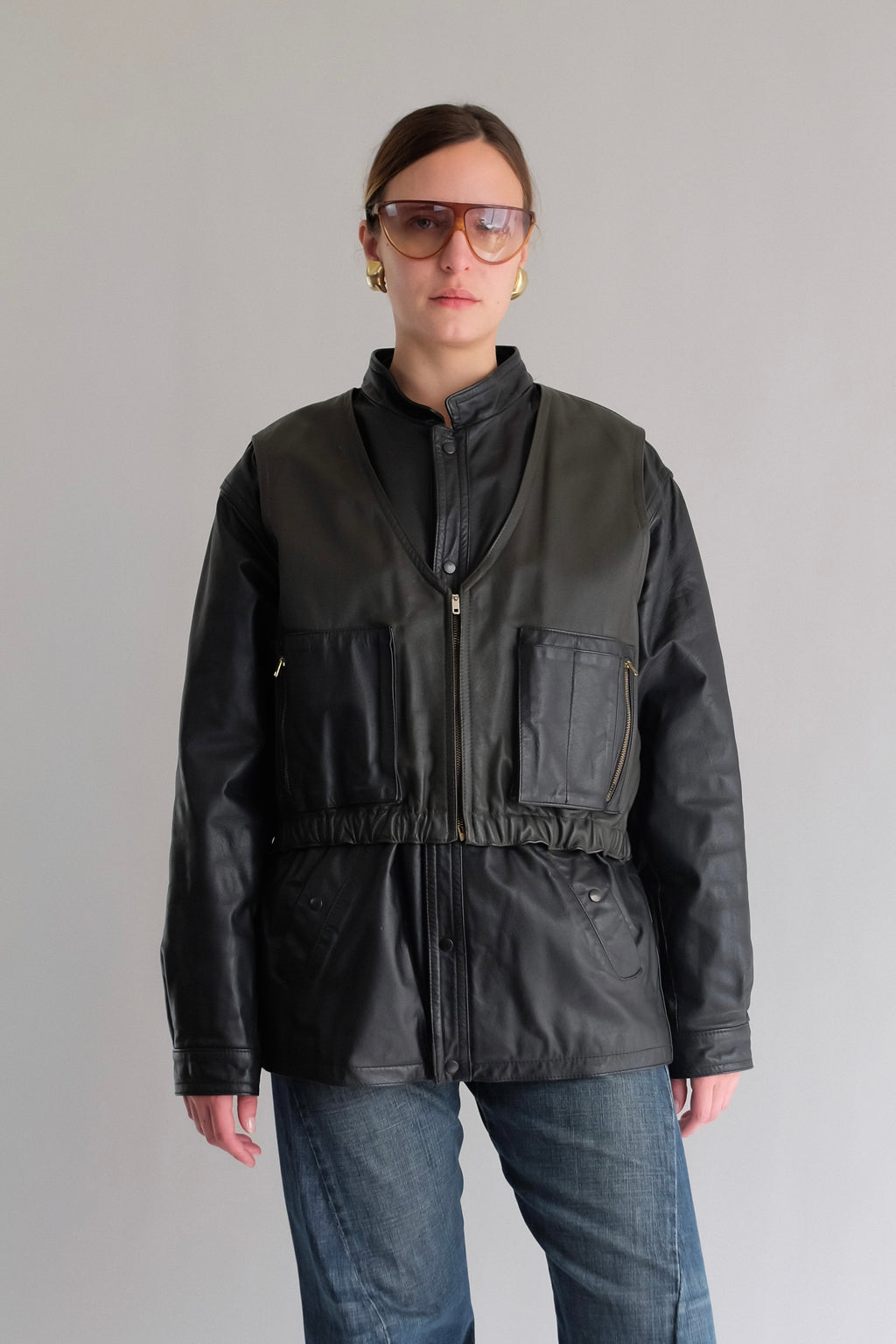 LEATHER DOUBLE VEST JACKET IN BLACK AND DARK OLIVE