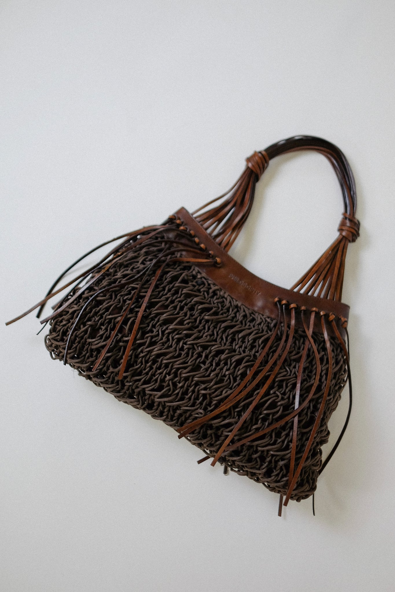 PHILOSOPHY BY ALBERTA FERRETTI WOVEN LEATHER & KNIT BAG IN CHOCOLATE BROWN