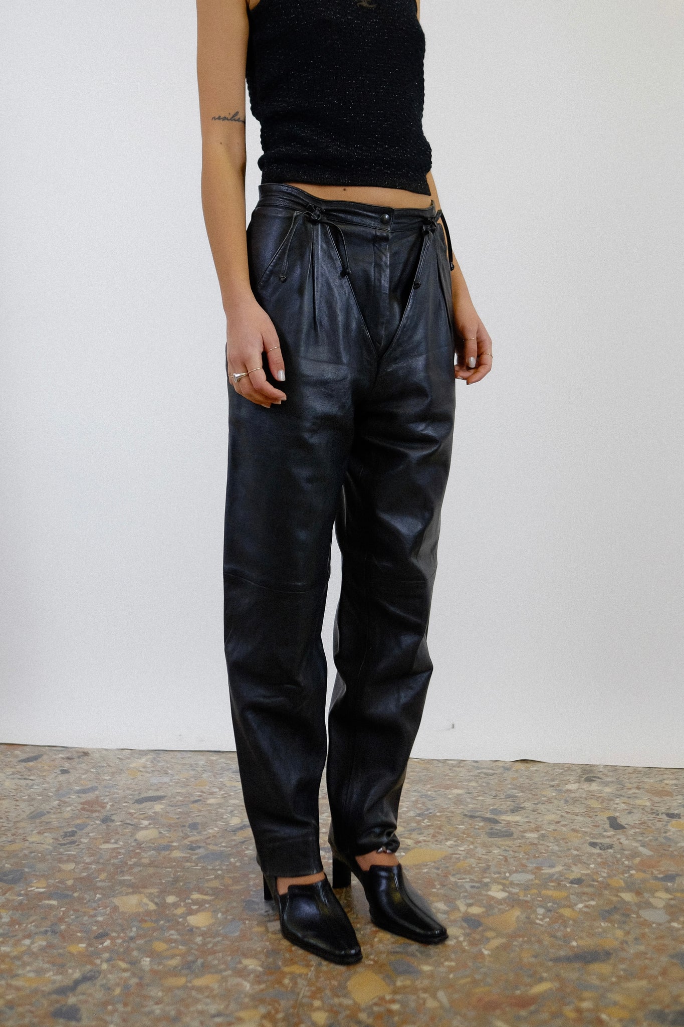 1980s CALFSKIN LEATHER CHAP TIE PANTS IN BLACK