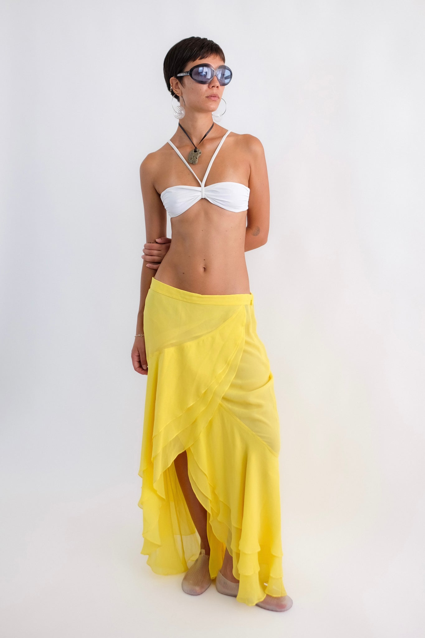 GAI MATTIOLO TIERED RUFFLE SKIRT IN LEMON YELLOW SILK CREPE