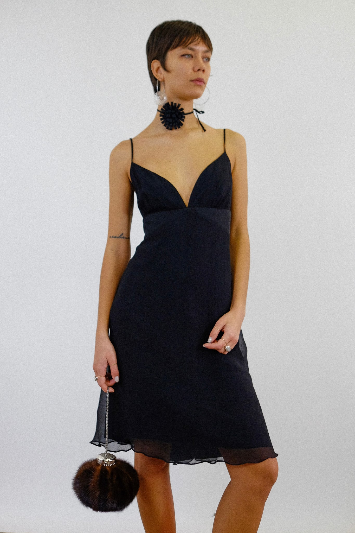 MAX MARA BIAS CUT EVENING DRESS WITH SILK ROSETTE NECKLACE IN BLACK