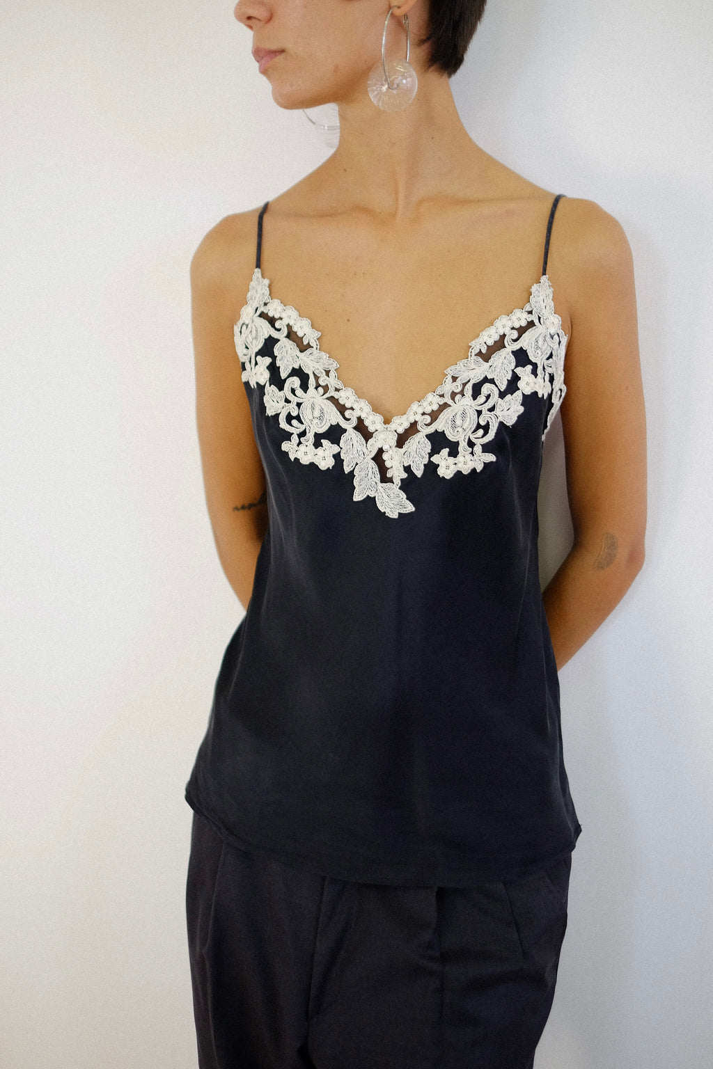 LA PERLA BIAS CUT CAMI TOP IN BLACK ENCRUSTED SILK